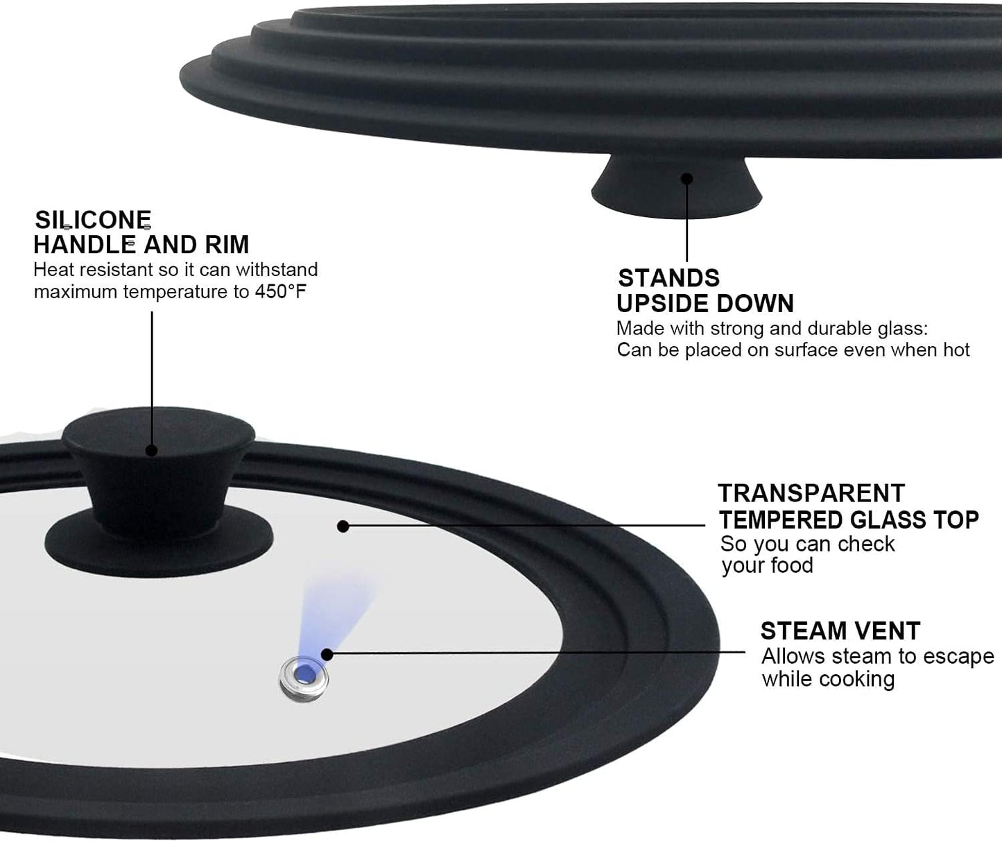 Walfos Universal Lids for Pots, Pans and Skillets - Tempered Glass with Heat Resistant Silicone Rim, Fits 6.5", 7" and 8" Diameter, 9.5", 10" and 11" Diameter Cookware(2PK)