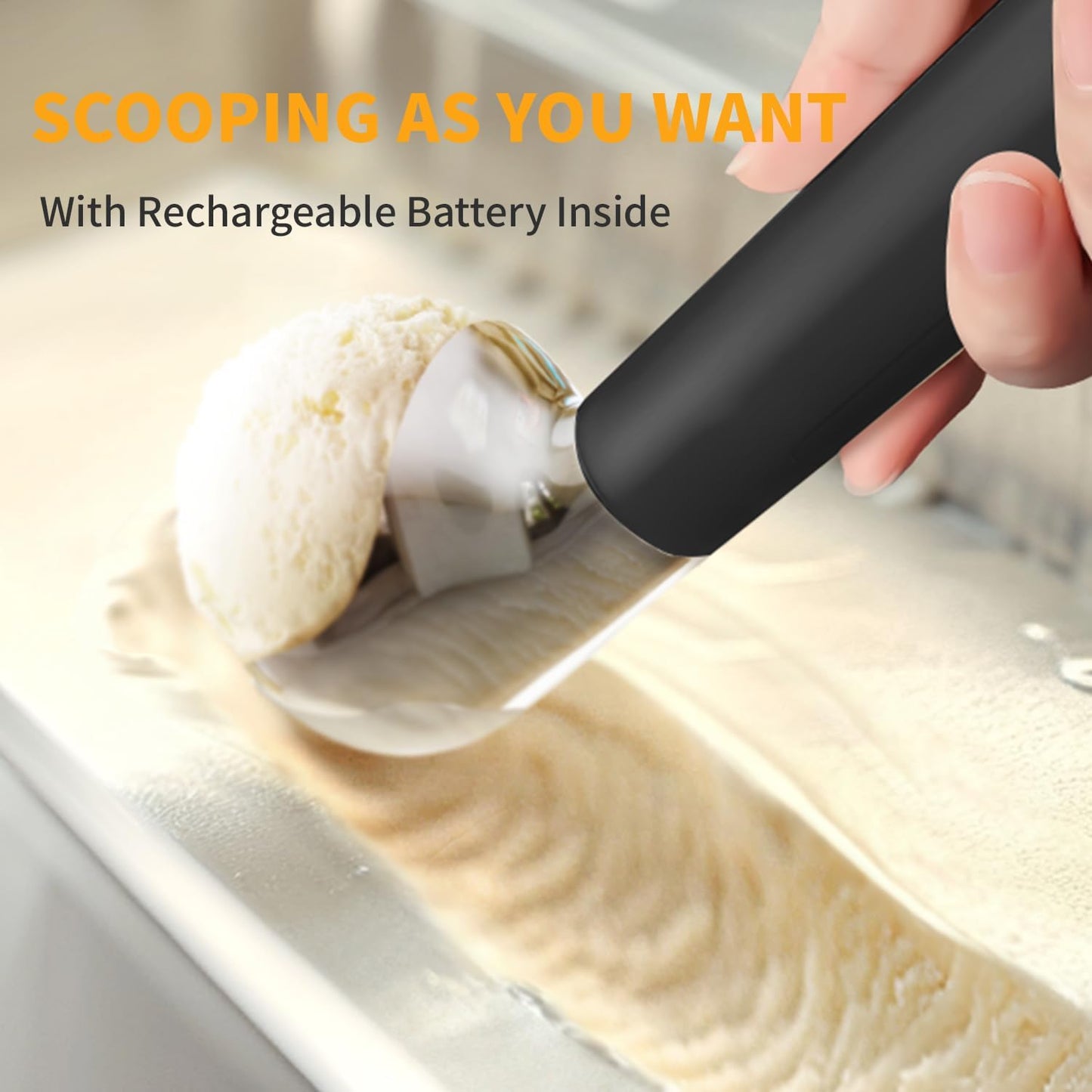 Heated Ice Cream Scoop, Electric Scooper for Hard IceCream, Self Warming Spoon Max to 158℉, Rechargeable Battery, Rust-Proof Metal, Easy to Clean(Black)
