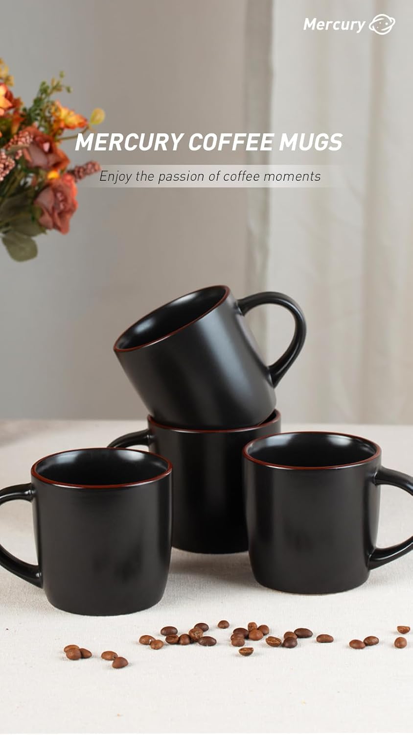 famiware Mercury Coffee Mugs 13 oz, Coffee Mugs Set of 4 with Handle, Cups for Latte, Hot Tea, Cappuccino, Mocha, Cocoa, Black
