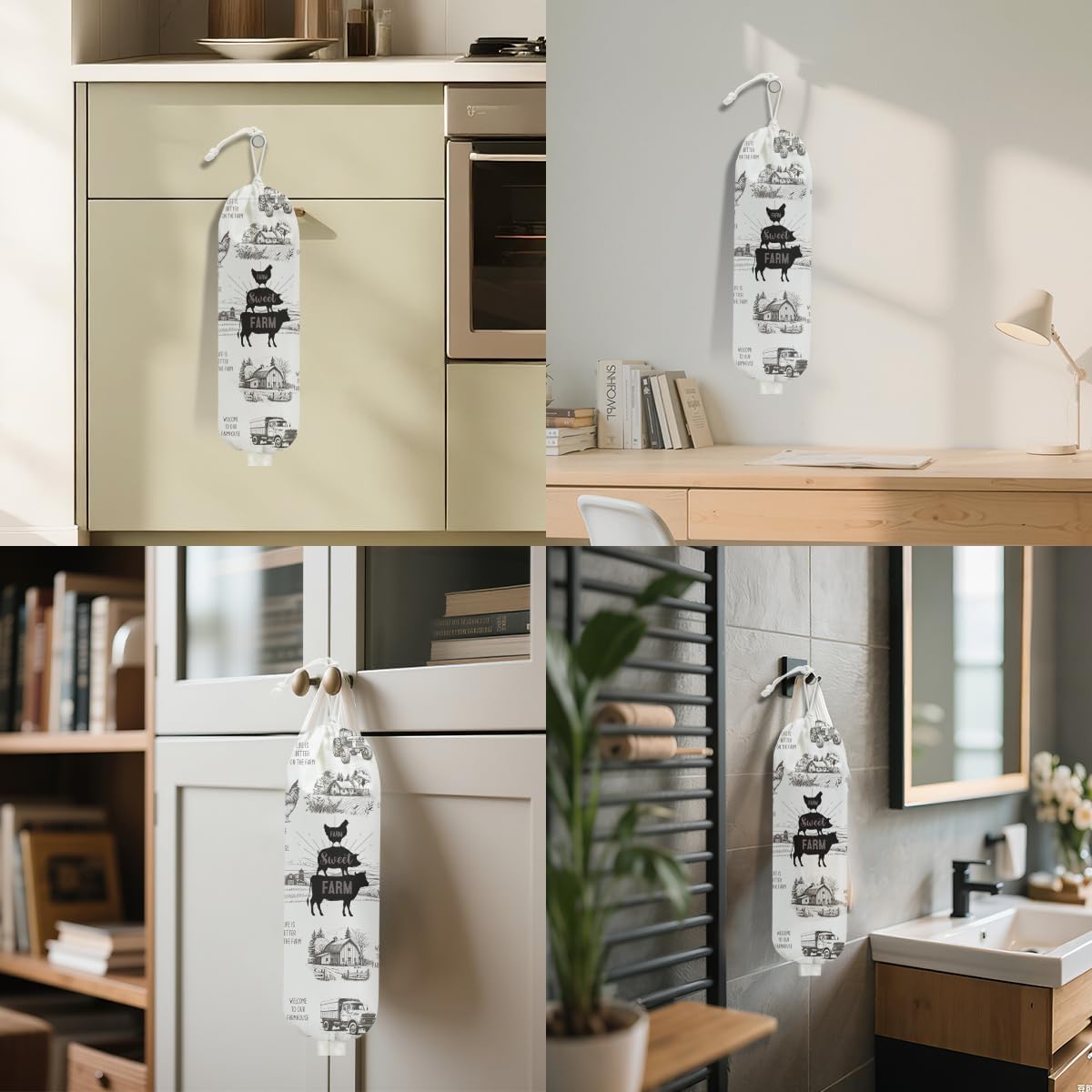 Rustic Sweet Farm Plastic Bag Holder for Kitchen Essentials, Wall Mount Grocery Bag Holder for Plastic Bags, Cow Pig Chicken Reusable Grocery Bags Storage Dispenser for Home Kitchen Farmhouse