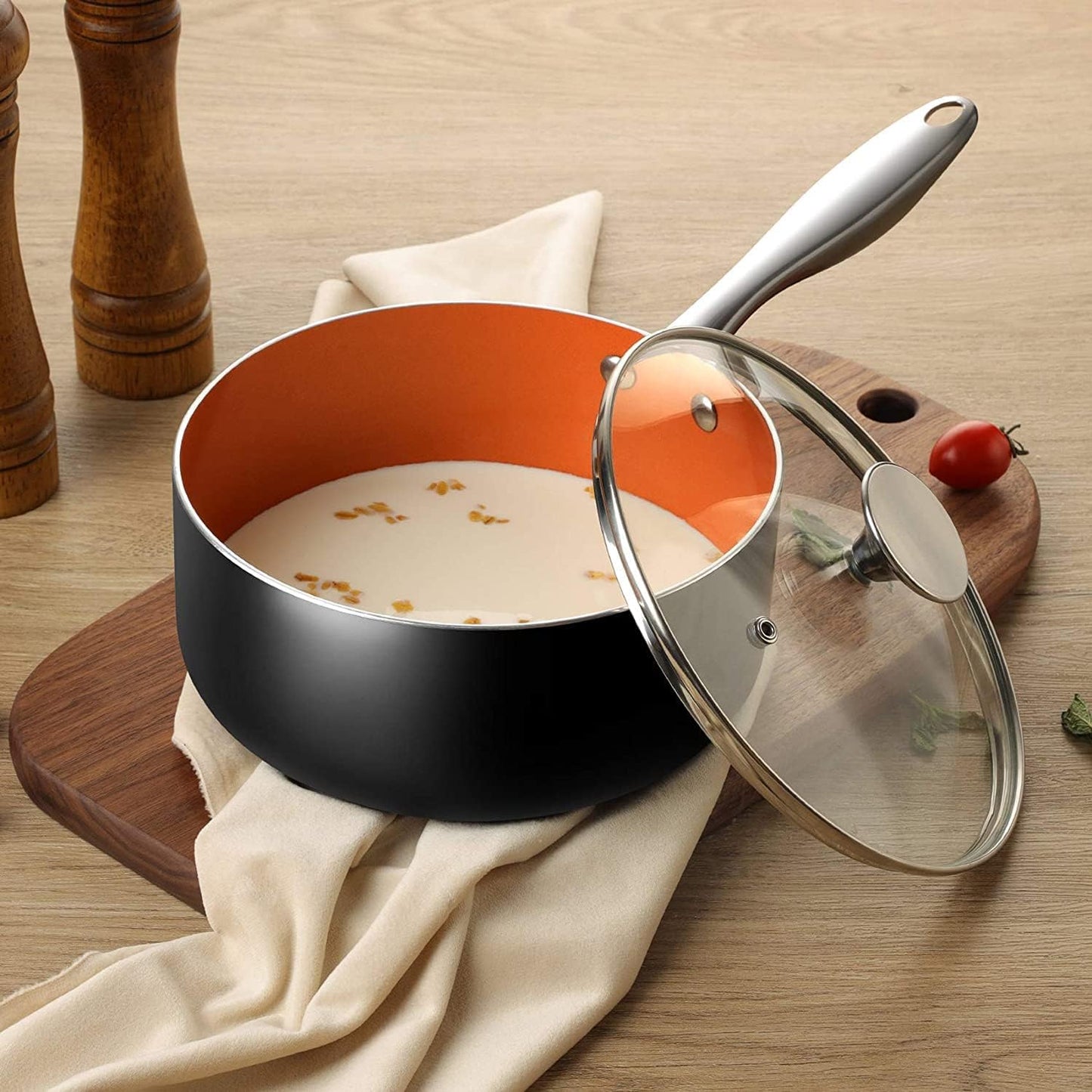 MICHELANGELO Sauce Pan with Lid, Ultra Nonstick 3 Qt Saucepan with Lid, 3 Quart Non Stick Pot Induction Compatible, Ceramic Small Pot, Copper