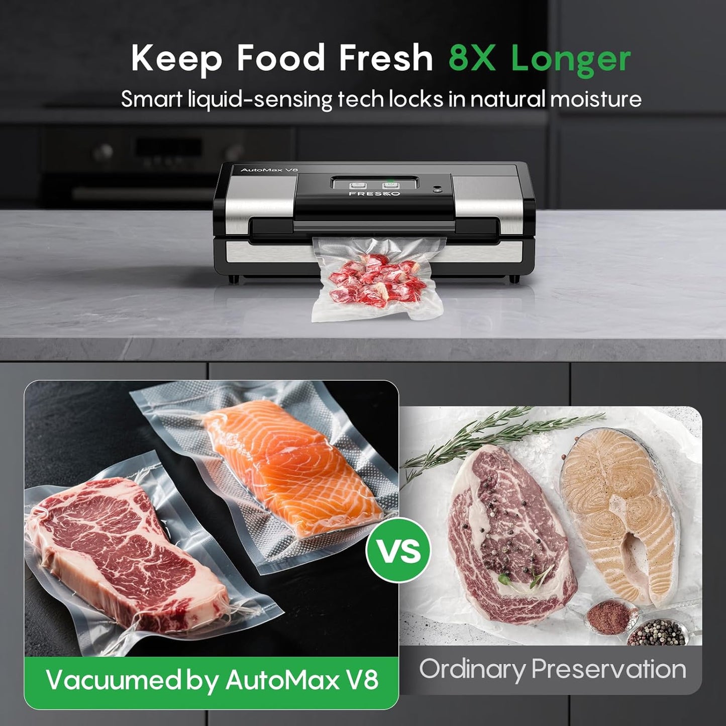 Fully Automatic Vacuum Sealer, 95Kpa Powerful Food Vacuum Sealer Machine, Auto Dry-Wet Detection | Bag Cutter | 2 Rolls Bags | Effortless Operation, Silver - Black