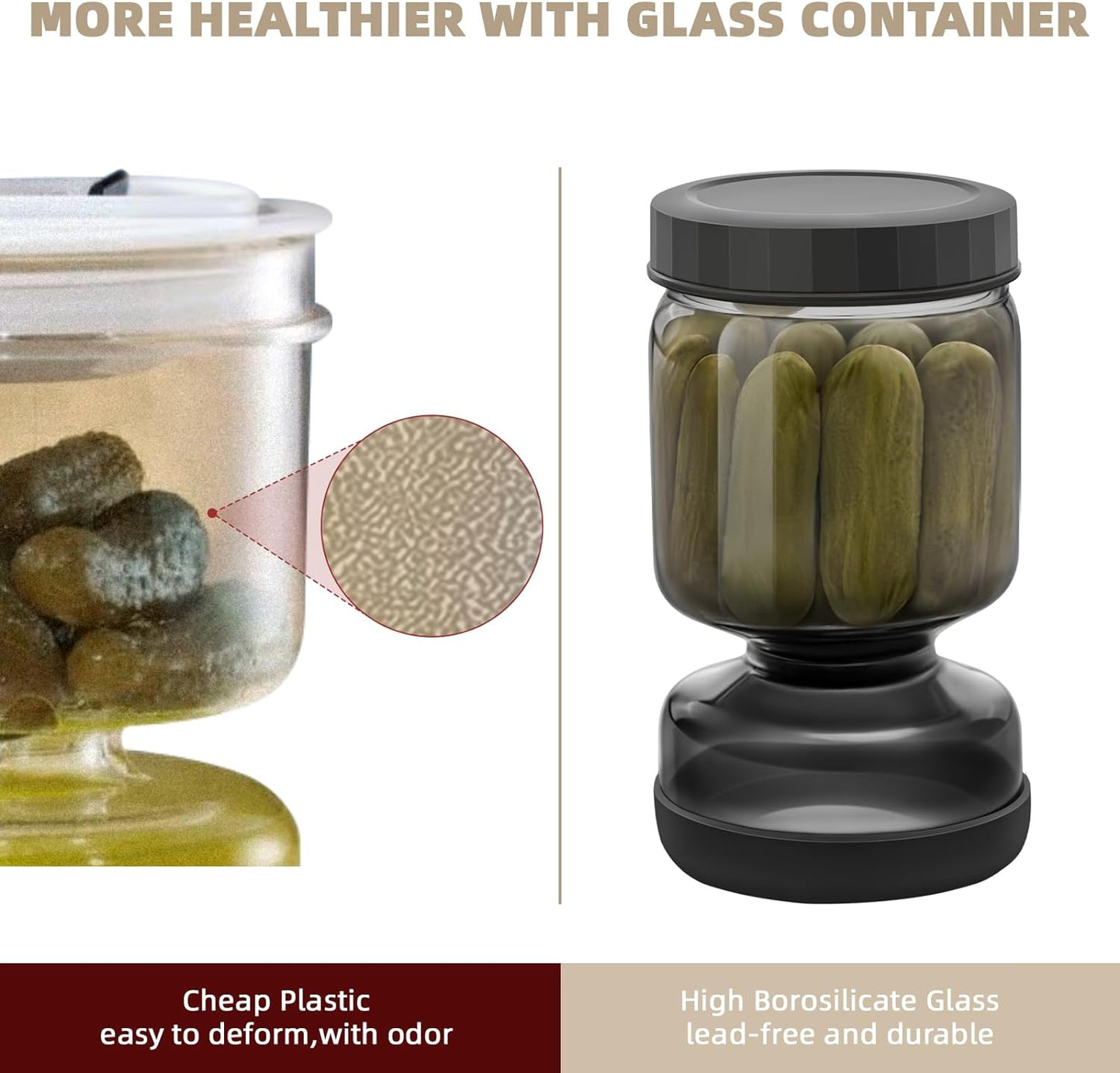 Luvan Pickle Jar with Strainer Flip, 34oz Pickle Container with Strainer, Upside Down Pickle Flip Jar,Glass Pickle Holder with Leakproof Airtight Lid, Hourglass Pickle Storage for Olive,Jalapeno-Grey