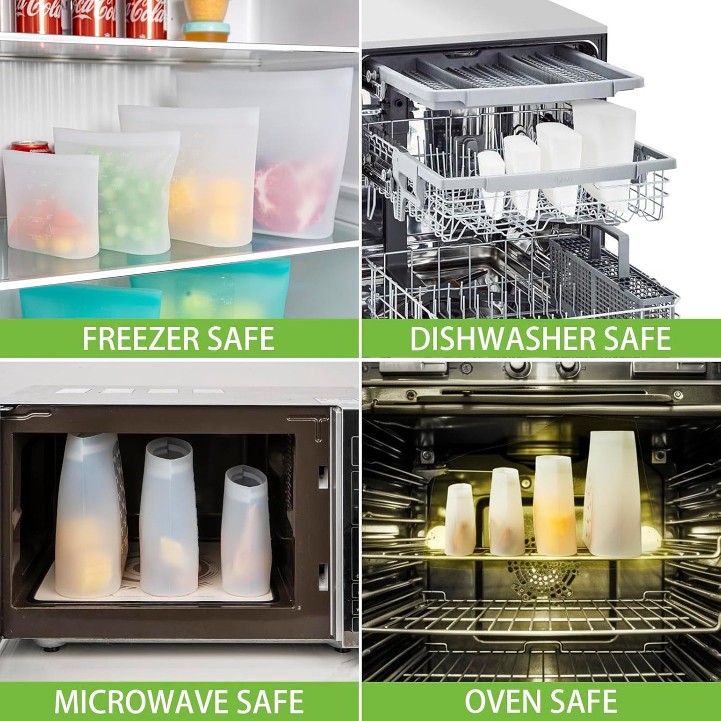 Reusable Storage Bag, 8 Pack 100% Silicone Food Storage Bags Stand Up Zip Lock Bags for Food, Freezer Microwave Oven Dishwasher Safe, 2 X-Large(0.8 Gallon) 2 Medium 2 Small 2 X-Small, Translucent