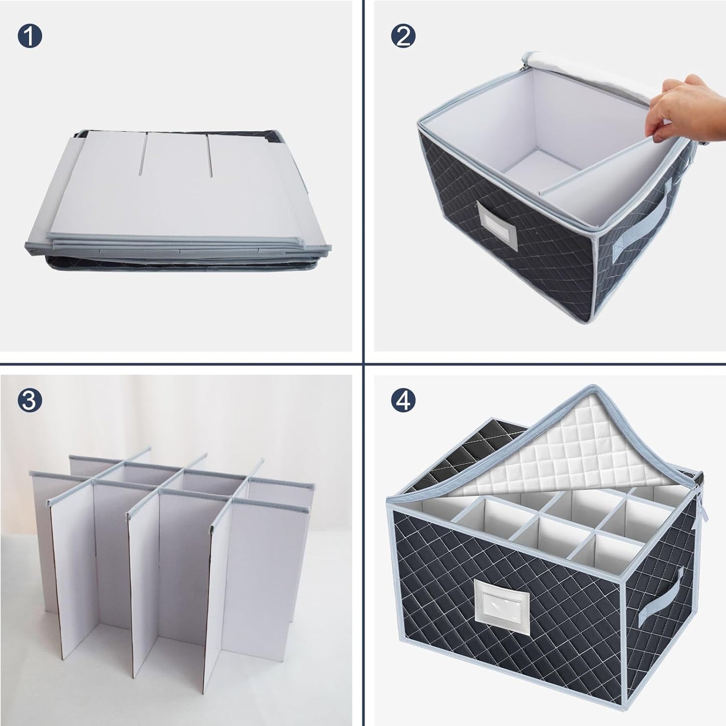 VERONLY Wine Glass Storage Box with Dividers Holds 24 Stemware Storage Cases or China Crystal Glassware Containers with Handles and Lable Window (15.5" x 12.5"x10")-Set of 2 Grey