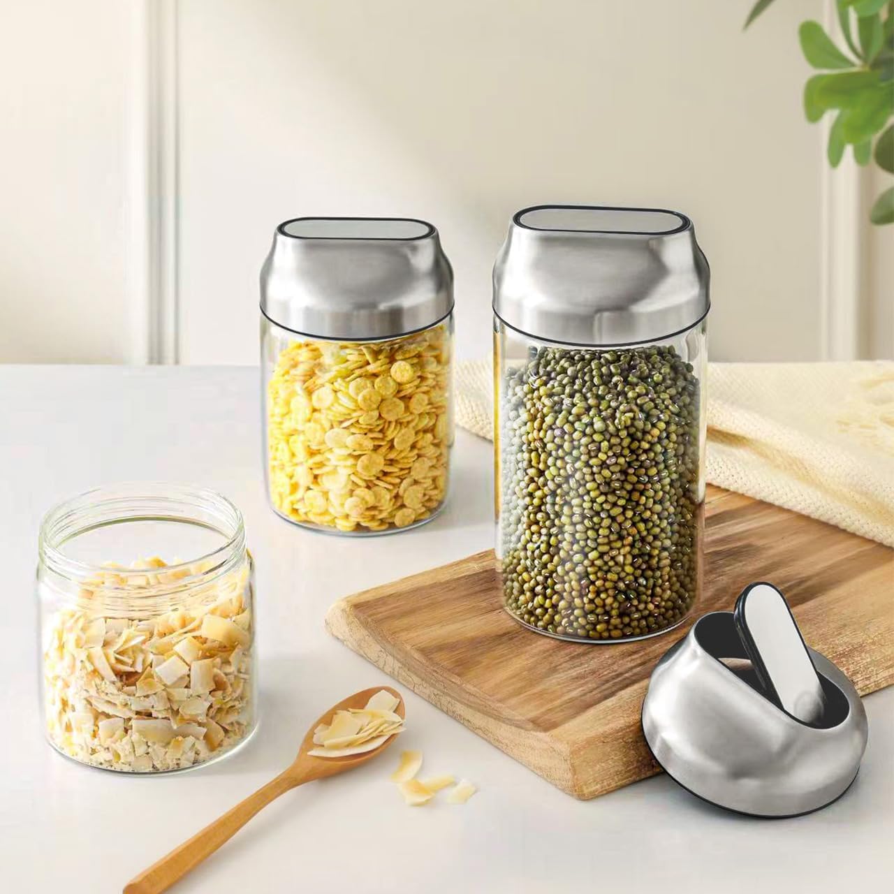 Aelga Small Glass Storage Jar with Lid, Coffee Container Canister Food Storage Jars for Coffee Beans Spice Sugar Tea Bag, Stackable Decorative Container, One-Handed Operation, 17 OZ