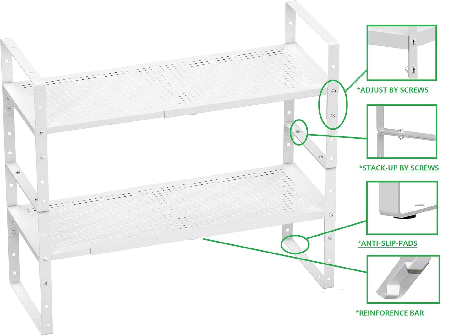 Expandable Shoe Rack Stackable Metal Pantry Storage Shelves Stand Adjustable Height Cabinet Shelf Organizer Racks Spice Shelving(1PACK/WHITE,MEDIUM)