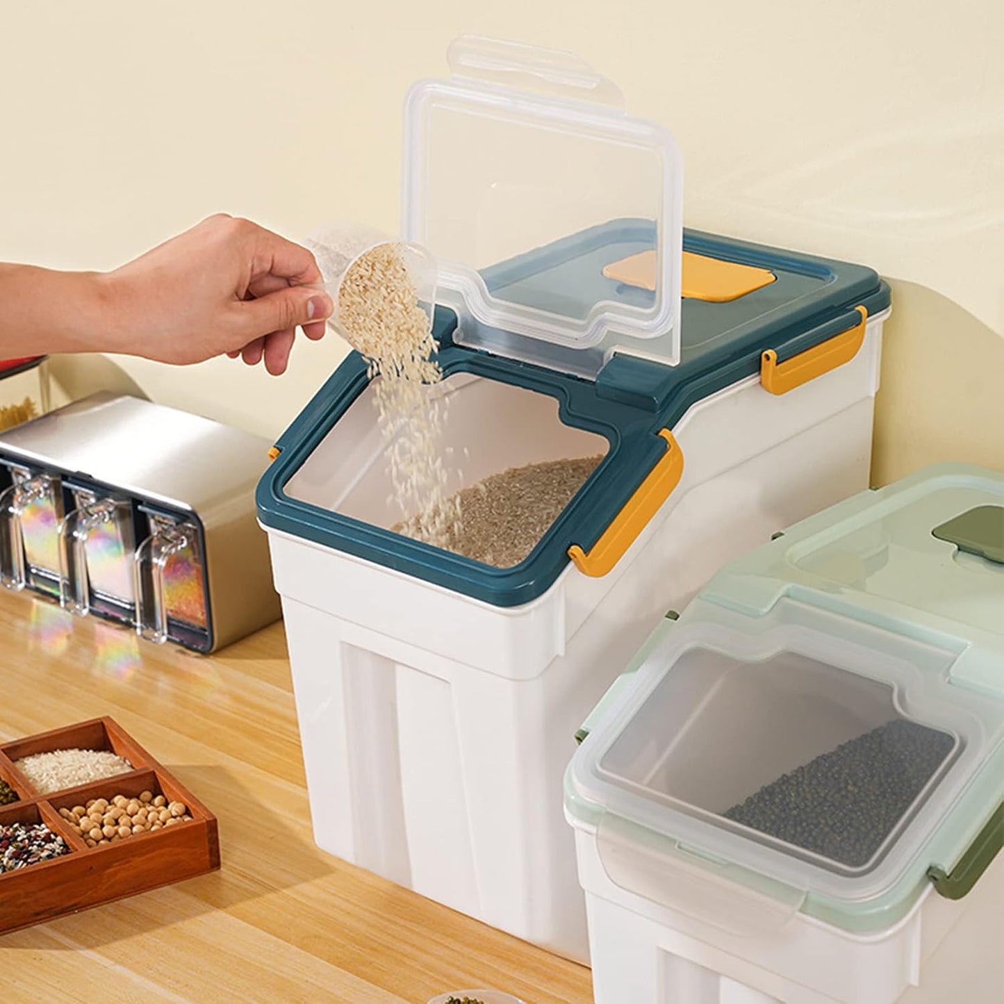 PENCK Large Flour Storage Container 25lbs, 2 Pack Airtight Rice Dispenser, BPA Free Plastic Cereal Grain Organizer Dog Cat Food Bin with Measuring Cup&Scoop for Kitchen Counter Top(Blue)