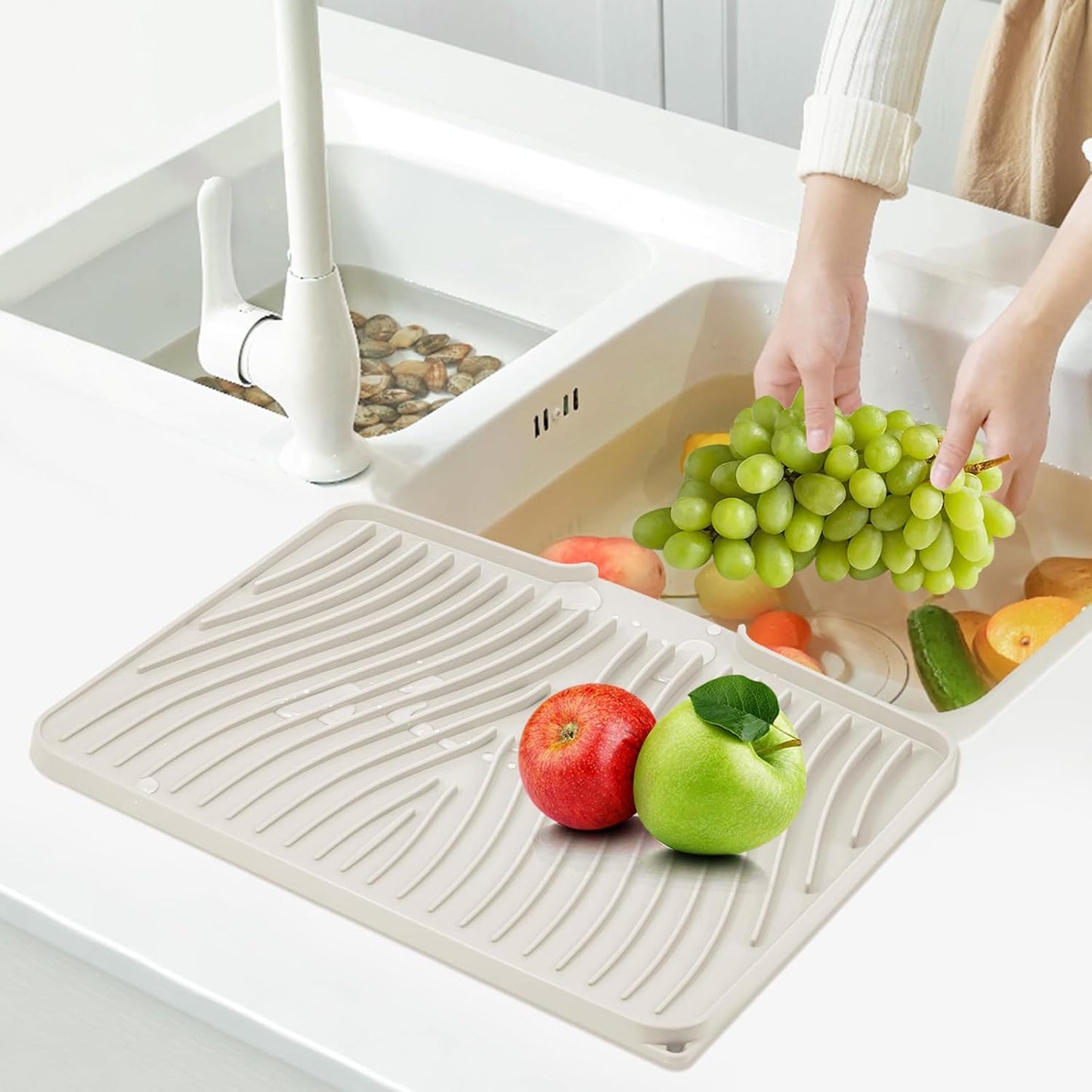 Dish Drying Mat, Stone Drying Mat for Kitchen Counter with Built-in Drain, Non-Slip Drying Matt Kitchen Counter, Heat Resistant Silicone Drying Mat, Dish Drying Pad, 2 Pcs(15.8"X 13", Cream)