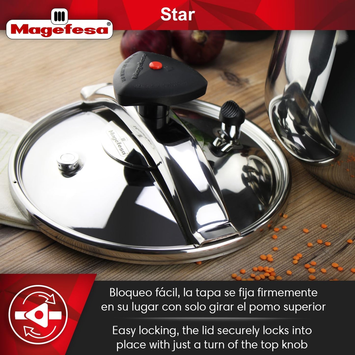 MAGEFESA Star Pressure Cooker, 8.4-Quart, 18/10 Stainless Steel, Works on All Stovetops (Induction Compatible), Safety Lock & 8 PSI Cooking