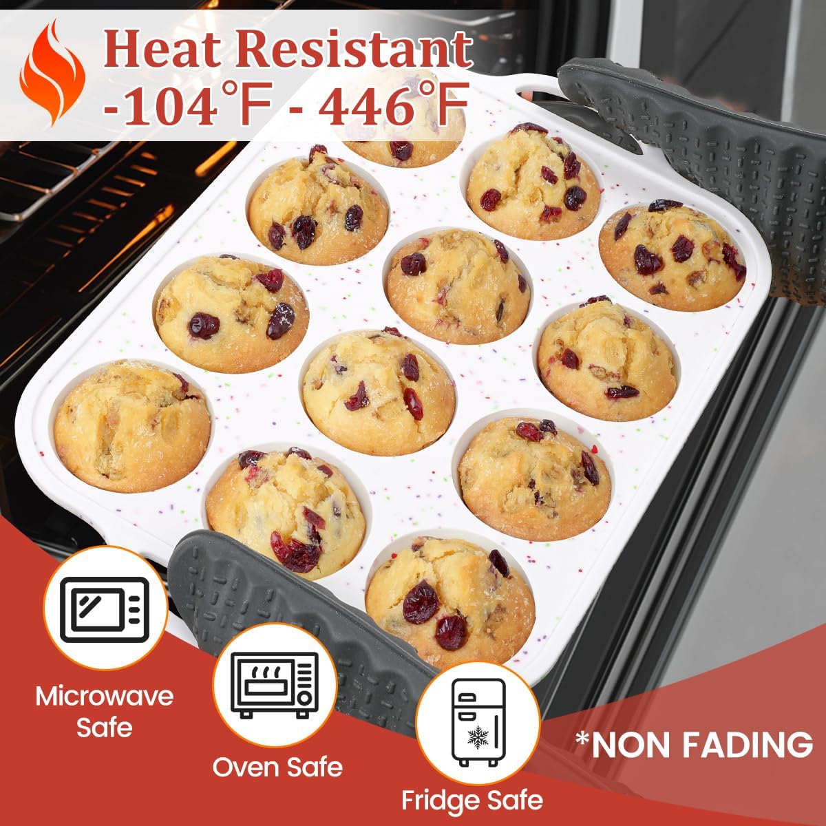 Silicone Muffin Pan with Metal Frame, Metal Reinforced Frame Regular Size Cupcake Pan with Handle 12 Cups Nonstick Muffin Pan for Baking BPA Free 2 Pack