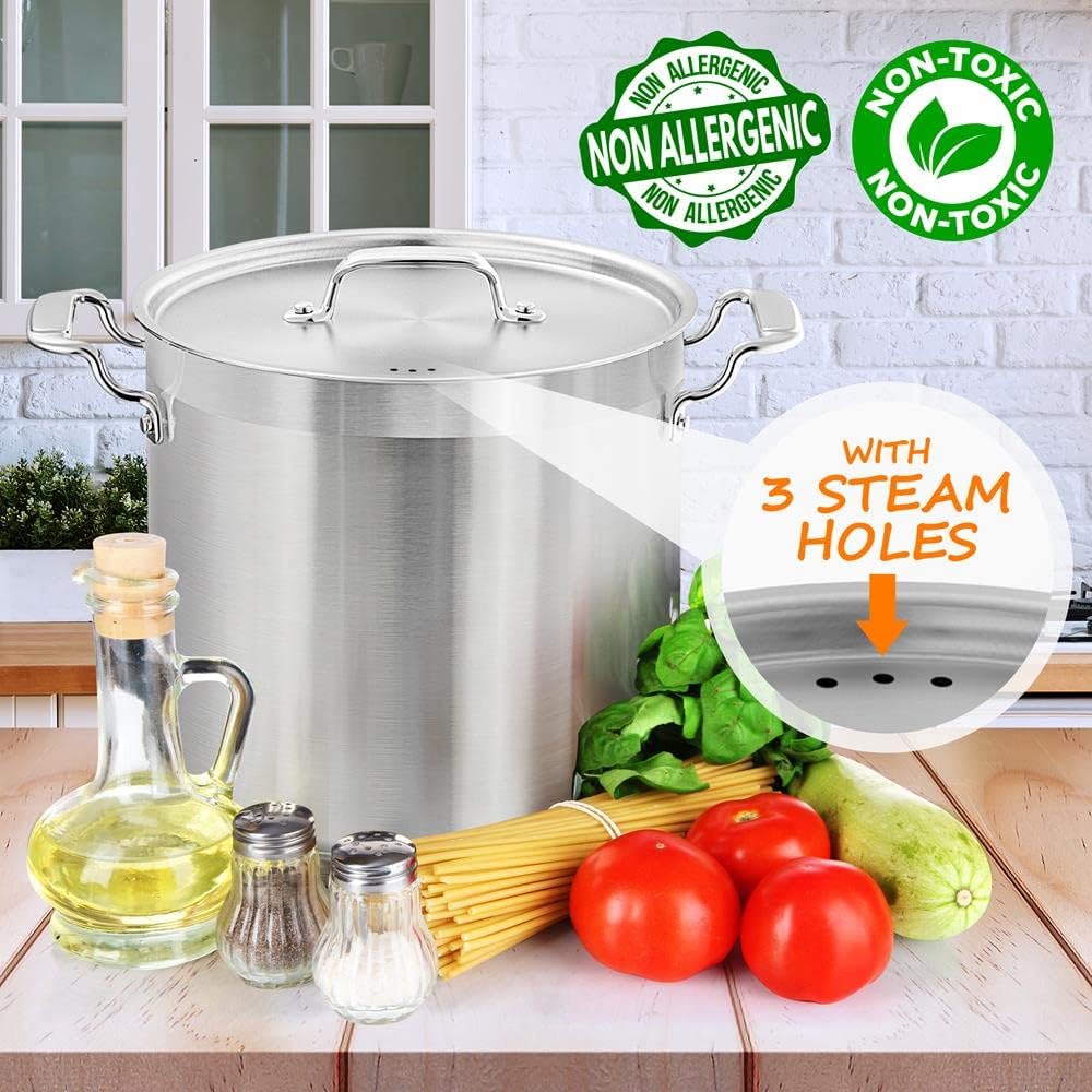 Stainless Steel Cookware Stockpot - 20 Quart, Heavy Duty Induction Pot, Soup Pot With Stainless Steel, Lid, Induction, Ceramic, Glass and Halogen Cooktops Compatible - NCSPT20Q