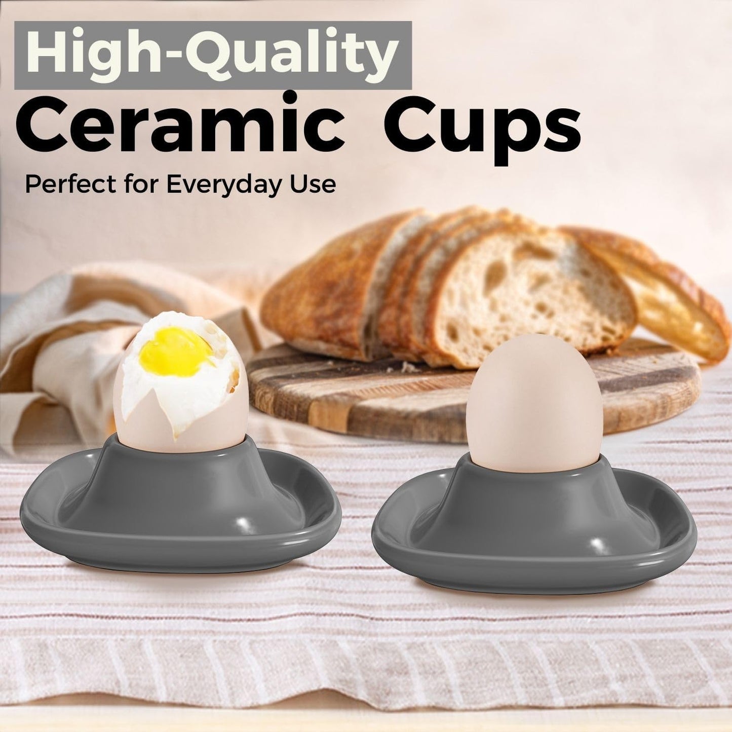 Flexzion Soft Boiled Egg Holder Set - 4-Piece Gray Ceramic Egg Cup, Stackable Egg Coddler Cups with Base for Serving, Breakfast, Brunch - Kitchen Table Decor, Gray