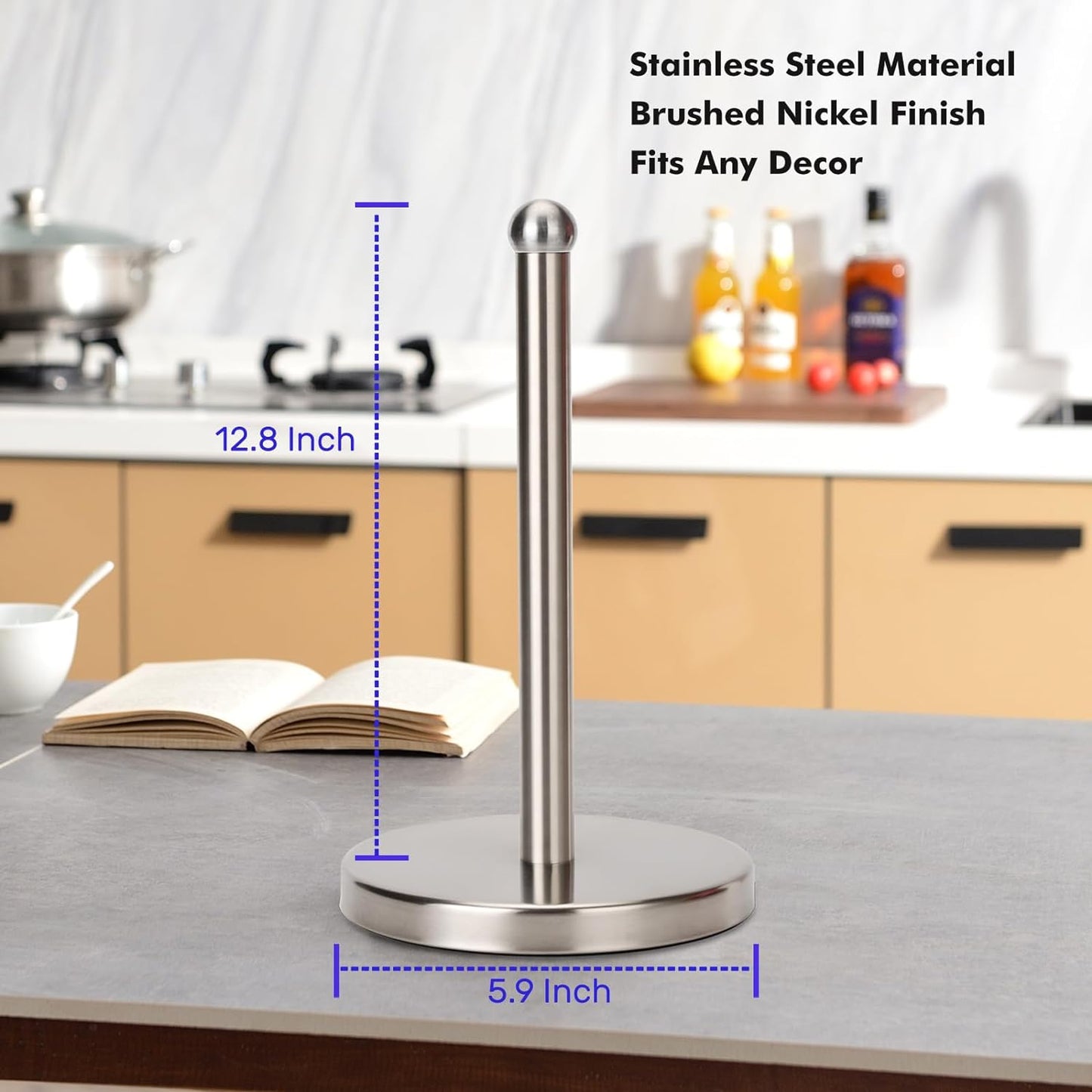 Paper Towel Holder Stand with Sturdy Base Fits Standard and Jumbo Sized Paper Towel, Paper Towel Holder Countertop (Brushed Nickel)