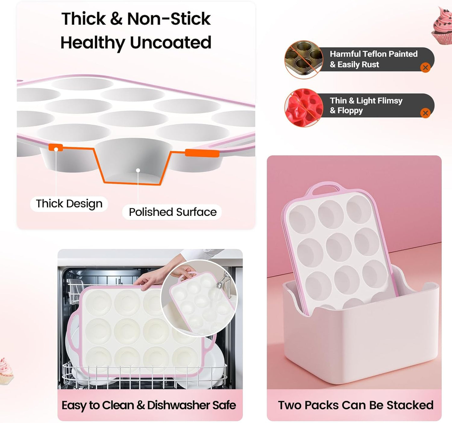 Silicone Muffin Pans for Baking 2 Pack, 2.6 Inch with Metal Reinforced Frame, Regular Size Nonstick Silicone Cupcake Pan for Baking Homemade Muffins, Cupcakes, Dishwasher Safe BPA Free-Pink