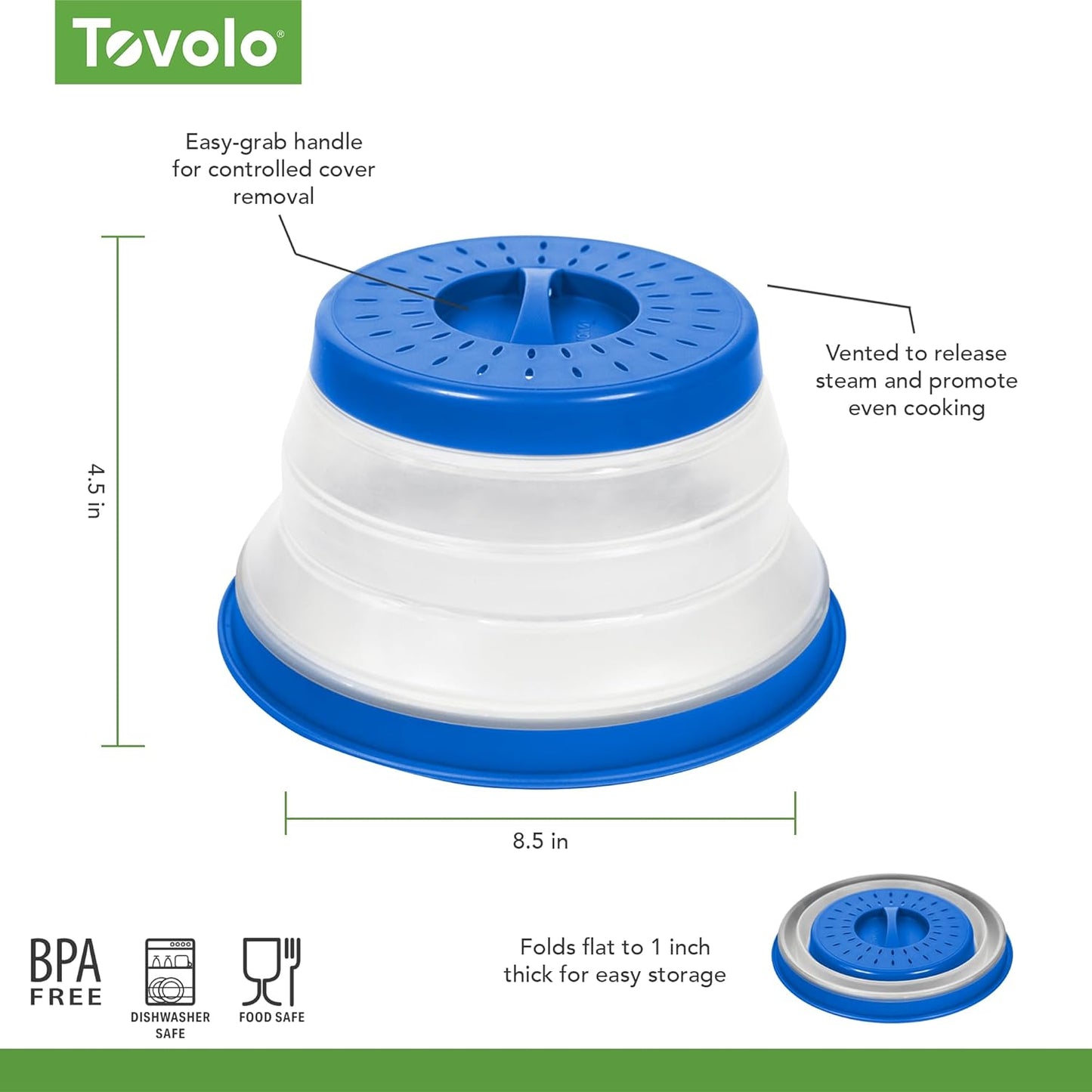 Tovolo Microwave Splatter Cover for Food, Small (Blue) - Collapsible & Vented Silicone Splatter Guard Lid - Microwave Plate & Dish Cover with Handle - BPA-Free Kitchen Gadget for Meal Prep