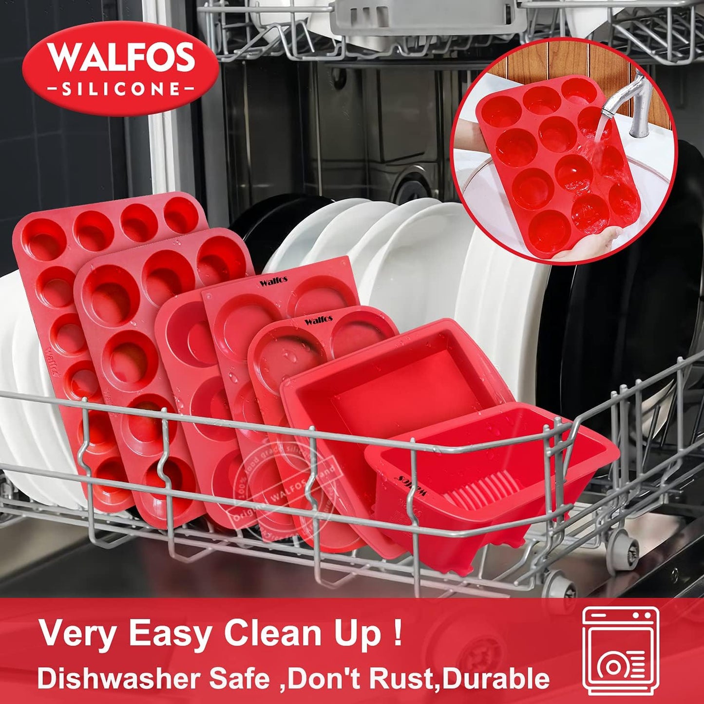 Walfos Mini Silicone Brownie Pan - 2 Piece 6-Cavity Non-stick Square Baking Pan, Perfect for Mini Brownies, Cornbread, Muffin and Cakes, BPA Free and Dishwasher Safe