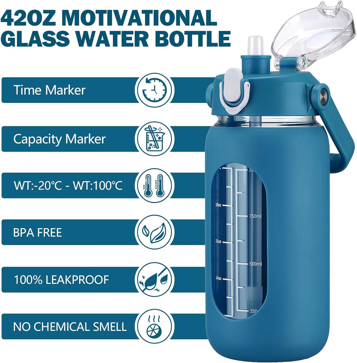 kytffu 42oz Glass Water Bottles with Straw, Motivational Glass Bottle with Silicone Sleeve and Time Marker, Leakproof Large Glass Water Jug for Gym Home Office,Iron Blue