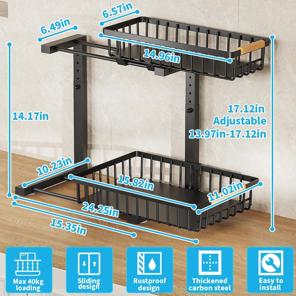 Under Sink Organizer, 2 Tier Metal Under Sink Organizers and Storage, Height Adjustable Slide out Pull out Cabinet Organizer for Kitchen Bathroom