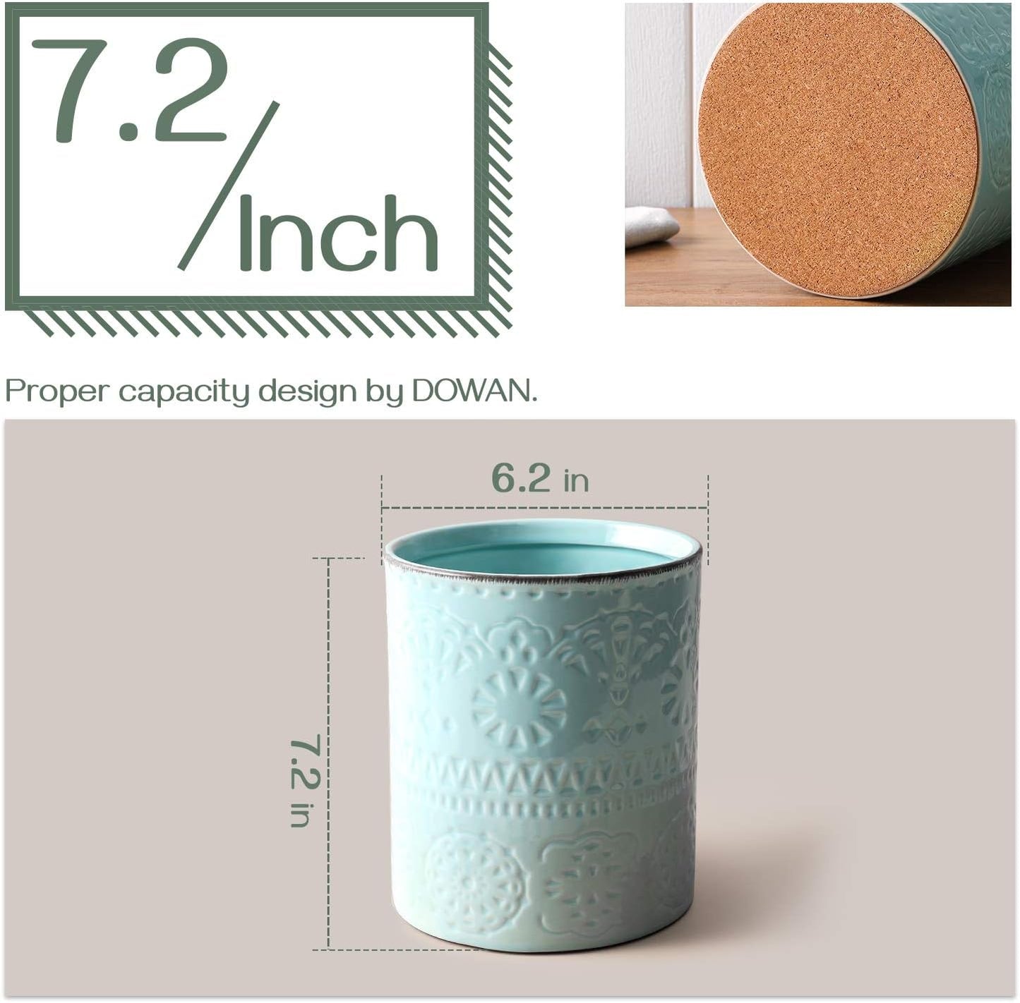 DOWAN 7.2" Kitchen Utensil Holder, Extra Large Farmhouse Utensil Holders for Countertop, Ceramic Utensil Crock, Anti Slip Cork Bottom (Blue, 7.2 Inch)