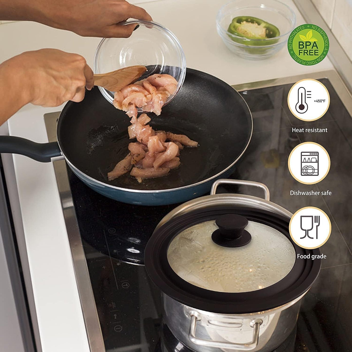 Universal Lids for Pots, Pans & Skillets - Fits 7", 8" & 9" Diameter, 10", 11" & 12" Diameter Cookware, Tempered Glass with High Heat Resistant Silicone Rim (2PK)