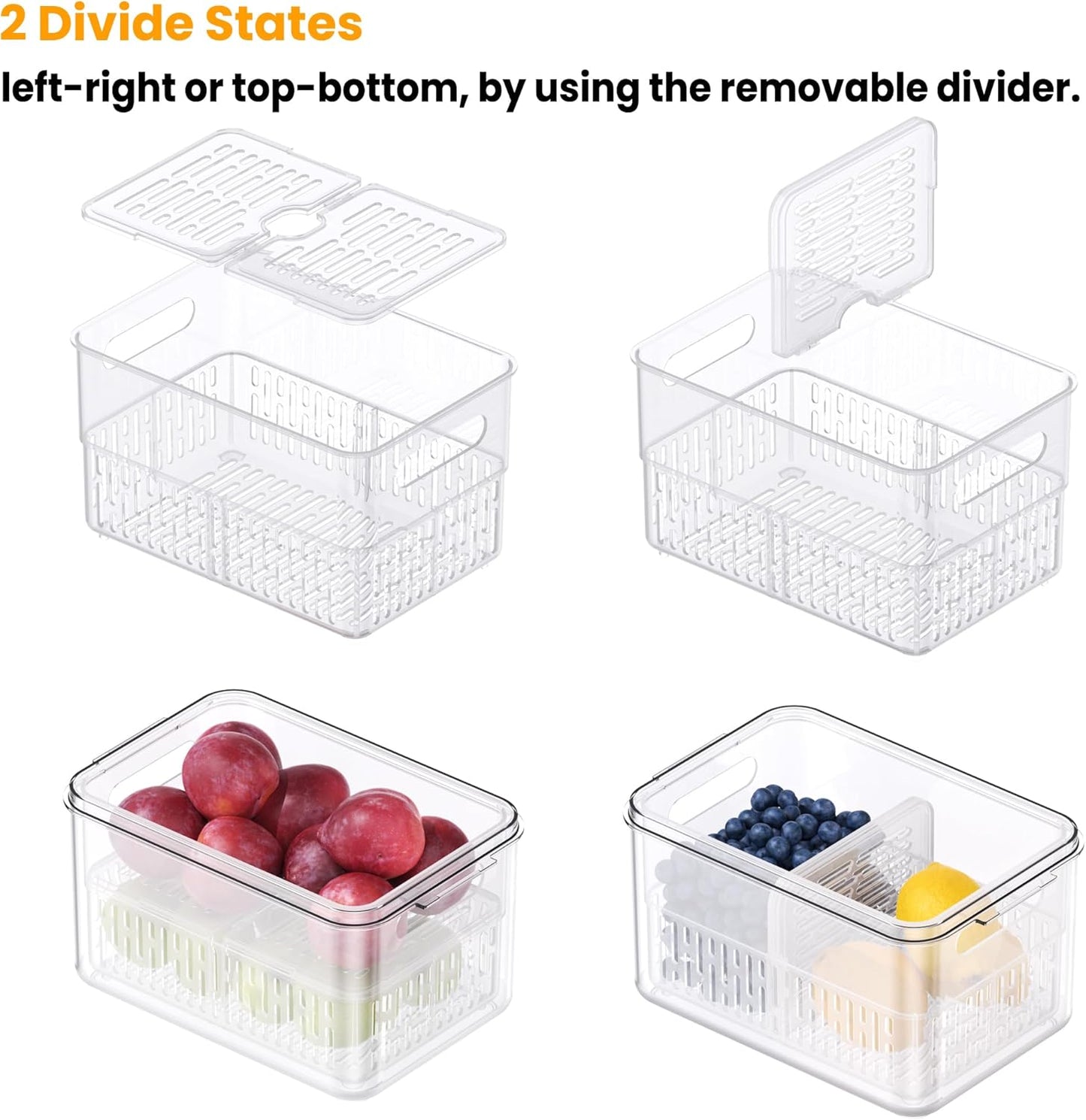 vacane 3 Pack Produce Saver with Removable Colanders, Clear Fruit Containers for Fridge Dishwasher Safe Lettuce Keeper Berry Containers, Keep Vegetable Food Fresh