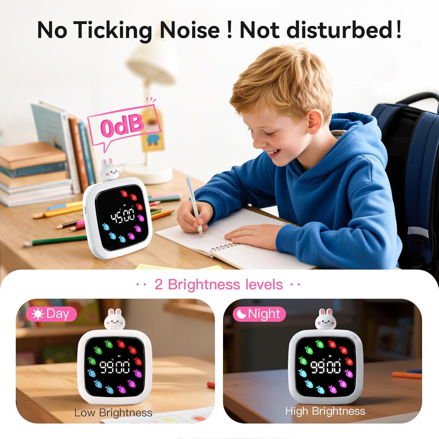 Yunbaoit Digital Visual Timer for Kids, Rechargeable 99-Minute Silent Countdown Timer with 19 Ringtones, 9 Optional DIY Color Carrot Display, Time Management Tool with Pause Function (Rabbit)