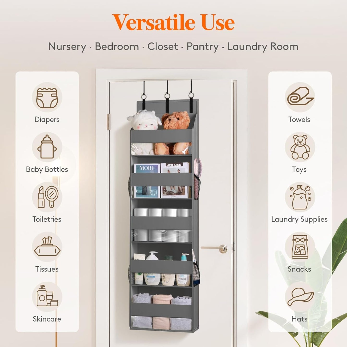 Lifewit 2 Pack Over the Door Organizer, 5 Shelf Clear Window Hanging Storage with 4 Mesh Side Pockets, Anti Tilt 40 lbs Load Behind Door for Pantry, Nursery, Bathroom, Bedroom, Kitchen, Dorm, Gray