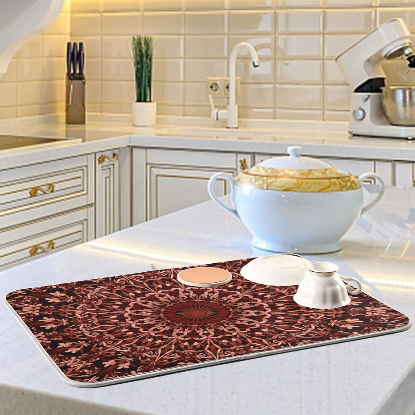 Super Absorbent Dish Drying Mat, Microfiber Fast-Drying Dish Mat, 16" x 18", Kitchen Dish Drying Pad, Mandala Maroon Boho