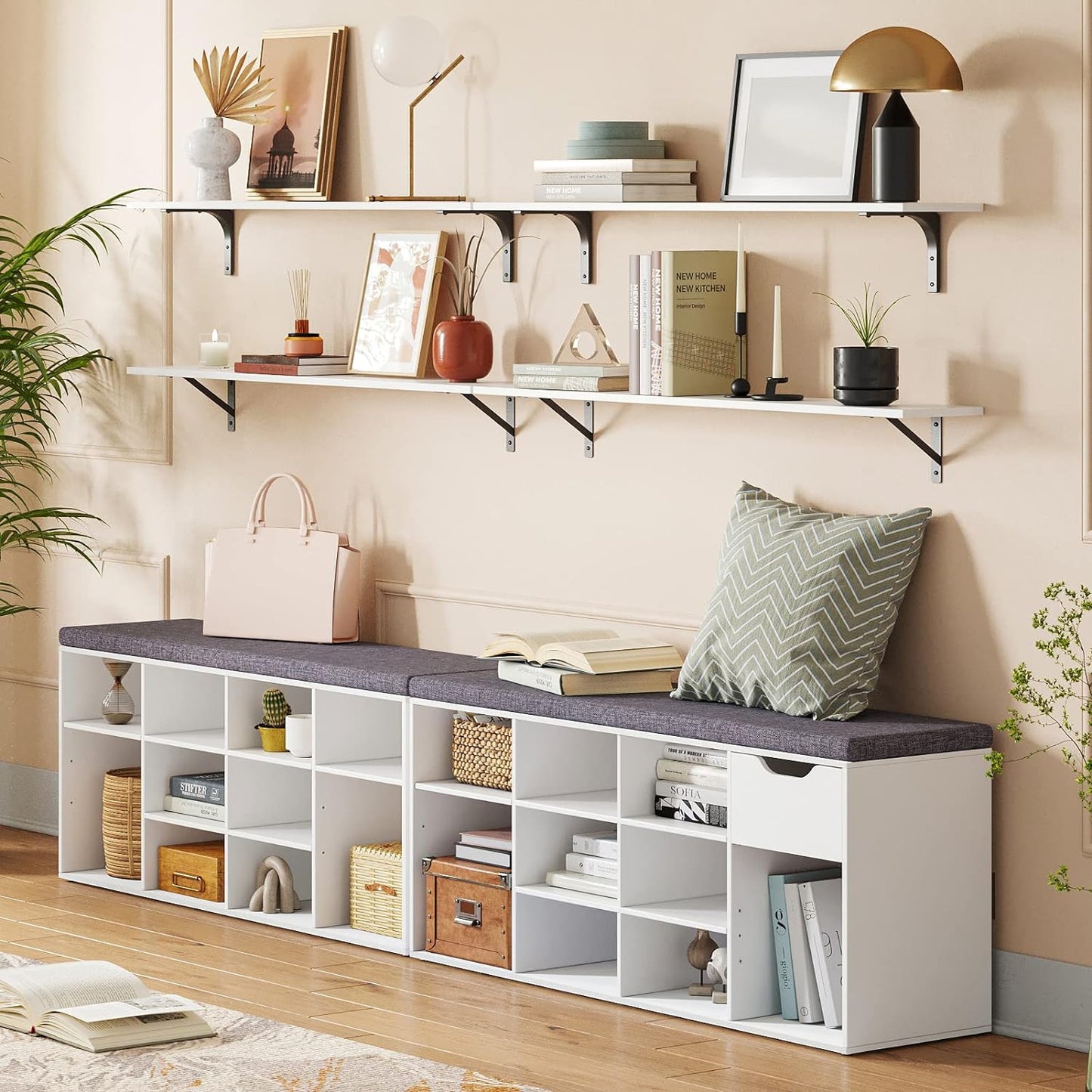 DINZI LVJ Long Wall Shelves, 47.3Inch Wall Mounted Shelves Set of 2, Extra Large Wall Storage Ledges with Sturdy Metal Brackets for Living Room, Bathroom, Bedroom, Kitchen, White