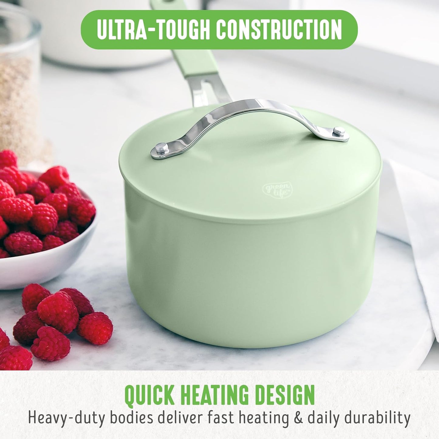 GreenLife 2 Quart Nonstick Saucepan with Lid, Lightweight Healthy PFAS-Free Milk Pan, Dishwasher & Oven Safe Soup Pan, Durable Body, Silicone Stay-Cool Handle, Easy Release Chef’s Pan, Sage Green