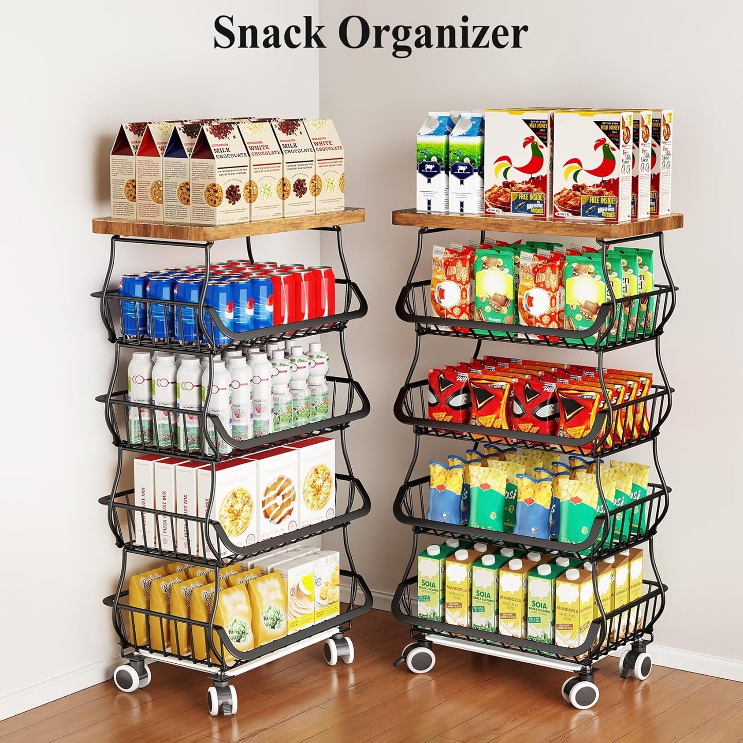 Fruit Basket Kitchen Pantry Organizers and Storage - Wooden Top Table, Stackable Metal Wire Basket Stand Cart for Fruit Vegetable Snacks Jars Bins Containers Organization, Black