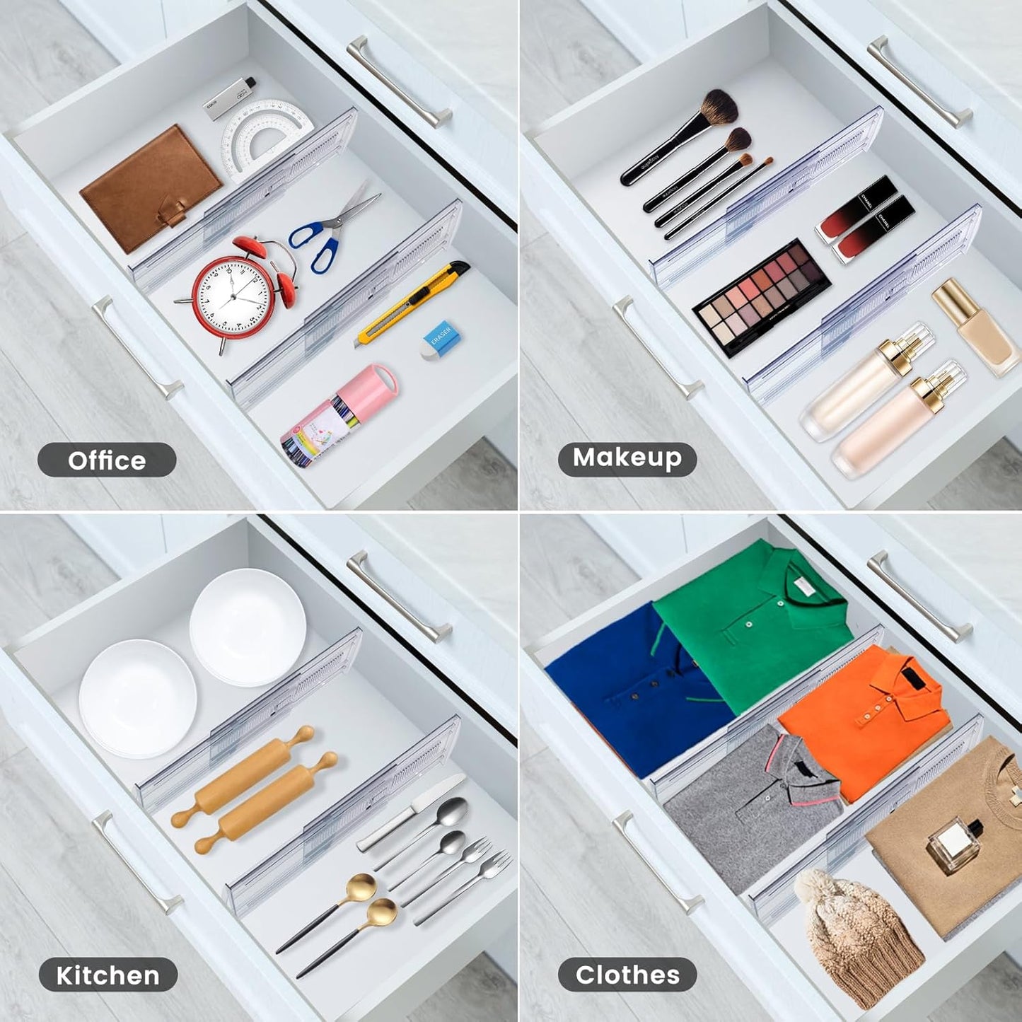 8 Pack Adjustable Drawer Dividers for Clothes,4" High Expandable From 13-22" Clear Drawer Organizers, PET Plastic Separators for Dresser/Bedroom/Bathroom/Kitchen/Office Storage