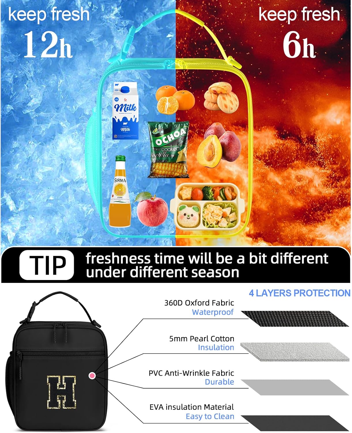 Initial Insulated Lunch Bag for Boys Kids, Back to School Gift, Reusable Leak-proof Lunch Box with Adjustable Strap for School Daycare Travel Picnic(Black,H)