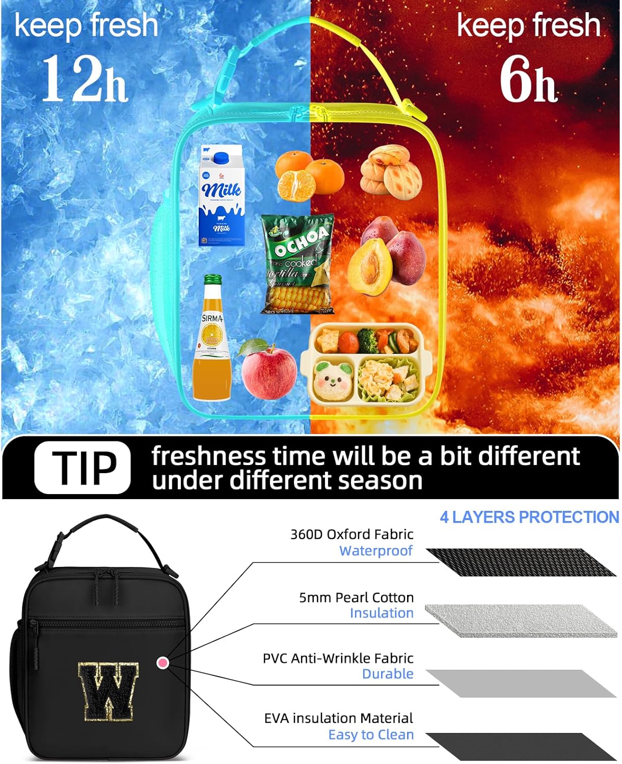 Initial Insulated Lunch Bag for Boys Kids, Back to School Gift, Reusable Leak-proof Lunch Box with Adjustable Strap for School Daycare Travel Picnic(Black,W)