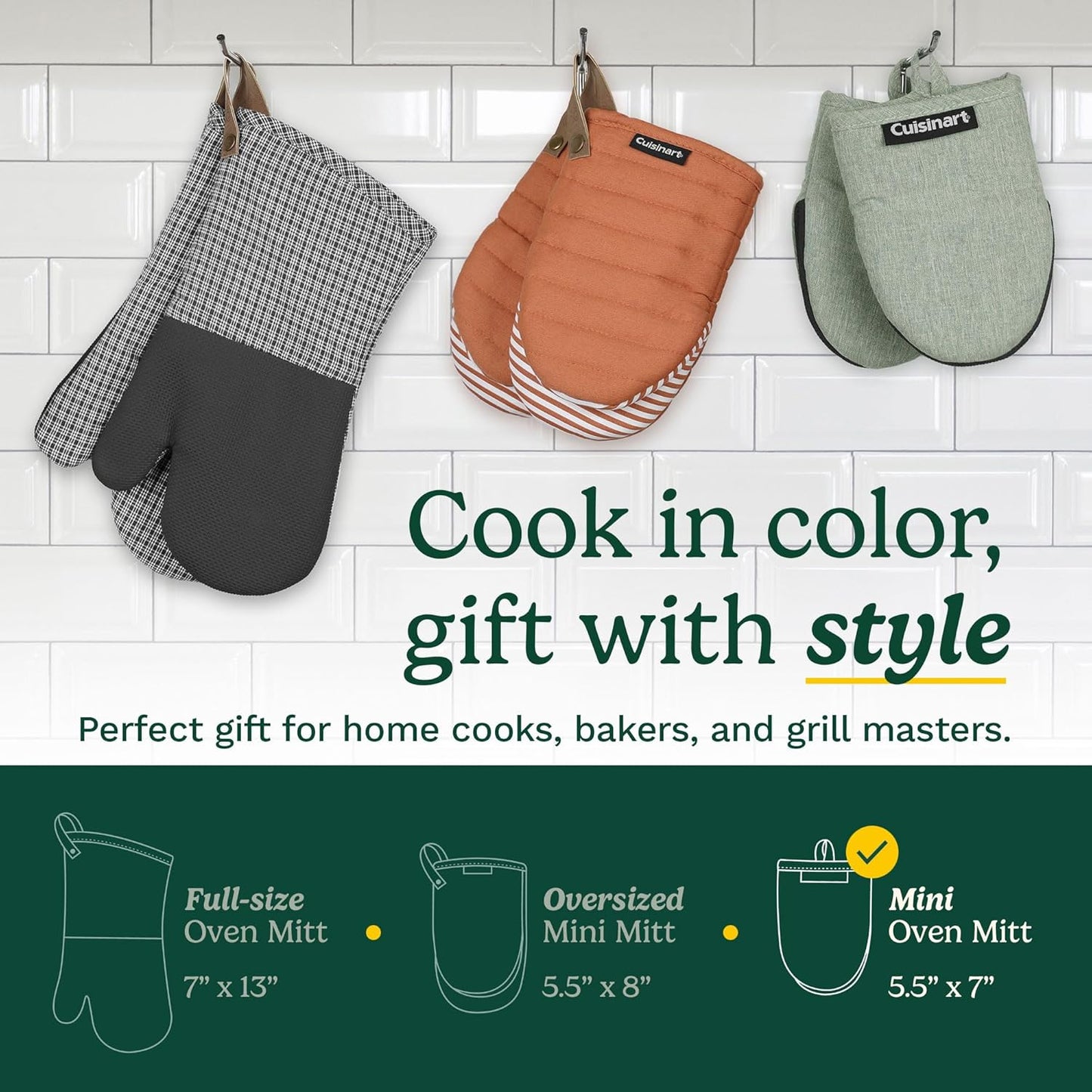 Cuisinart Mini Oven Mitts – 5.5” x 7” Heat-Resistant Kitchen Mitts for Oven with Non-Slip Neoprene Palm, Cotton Filling, and Fabric Loop – Durable Oven Mitt Set for Cooking & Baking (Taupe)