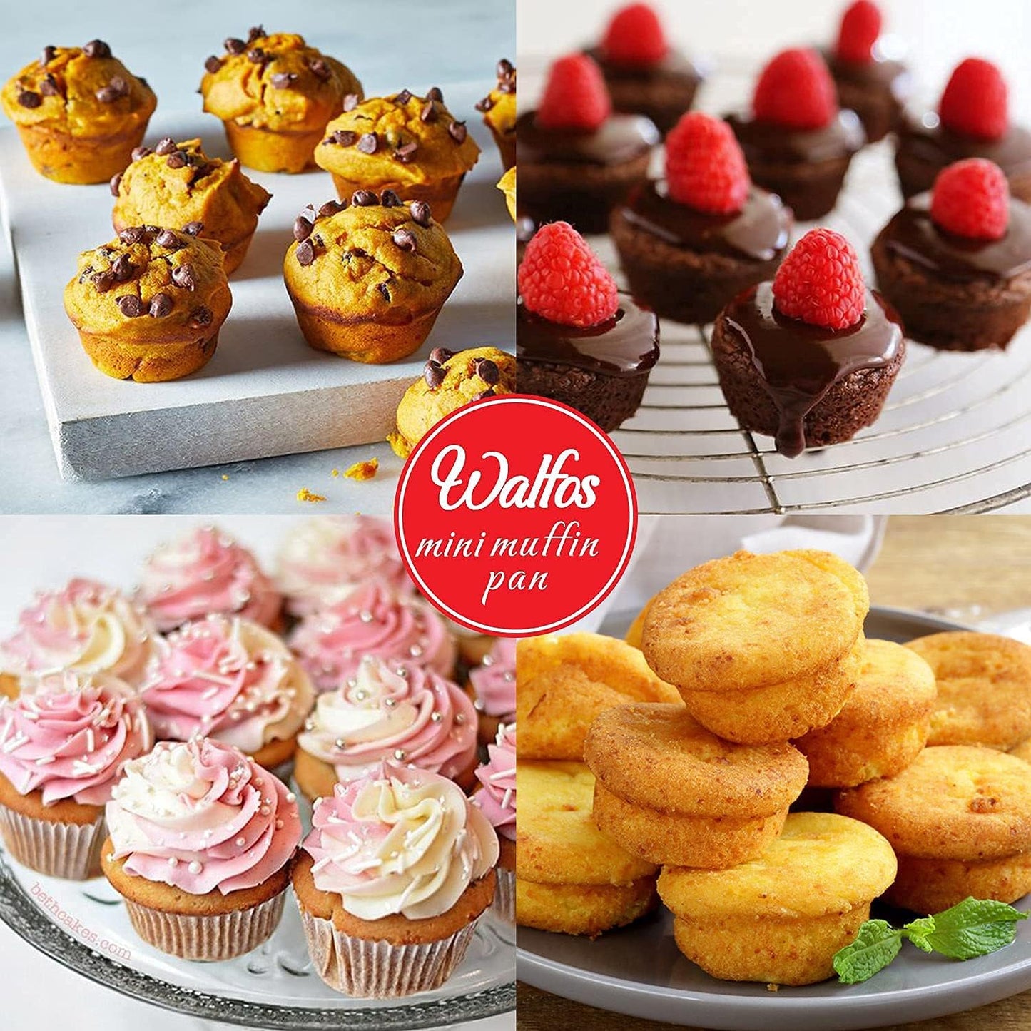 Walfos Silicone Cupcake Pan Set, 2-Piece Mini 24 Cups Muffin Baking Pan, BPA Free and Dishwasher Safe, Non-stick , Great for Making Muffin Cakes, Fat Bombs