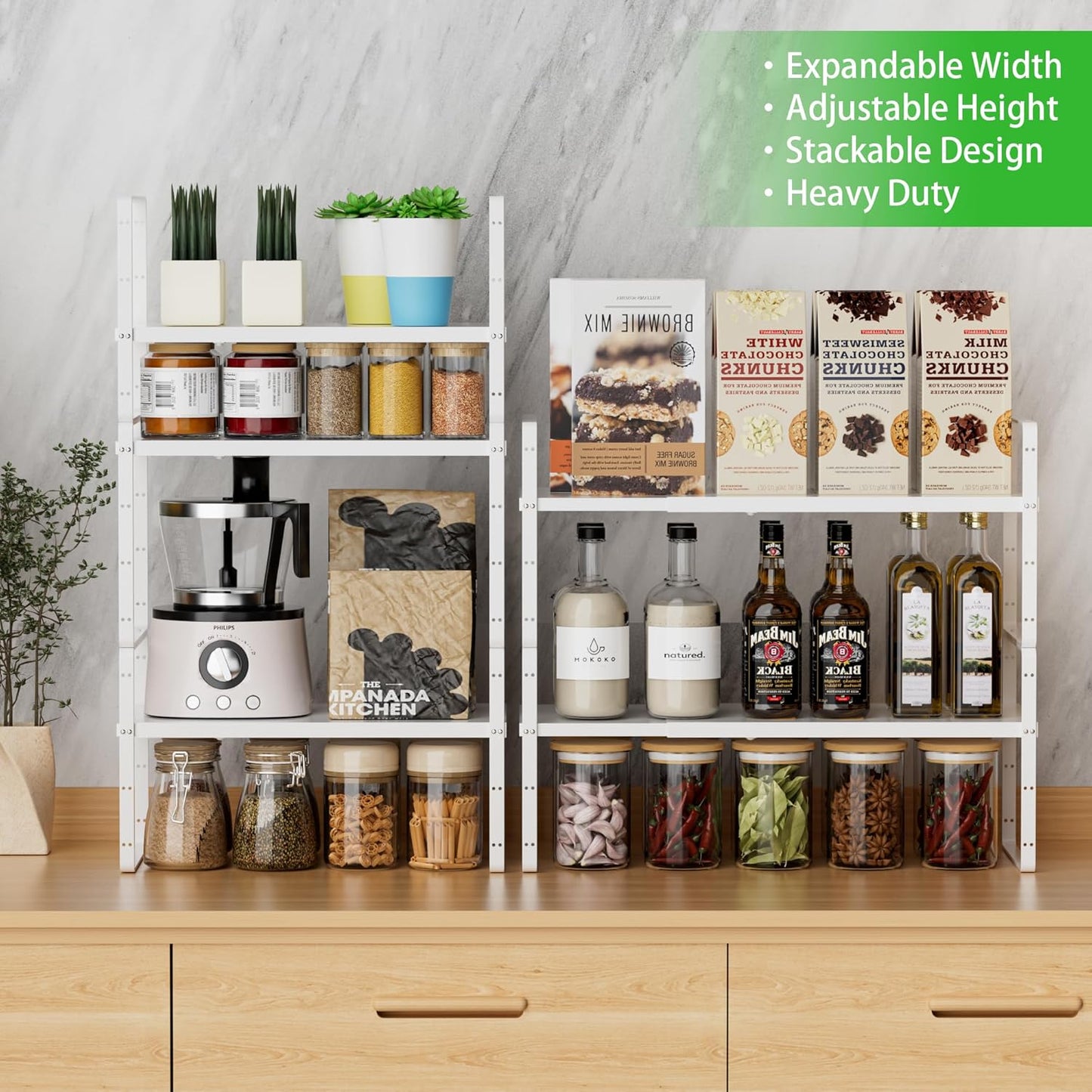 Expandable Cabinet Storage Shelf Stackable Organizer Rack for Kitchen Bathroom Pantry Spice Cupboard Countertop Home Office Desk Heavy Duty Nonslip White Large 2 PACK