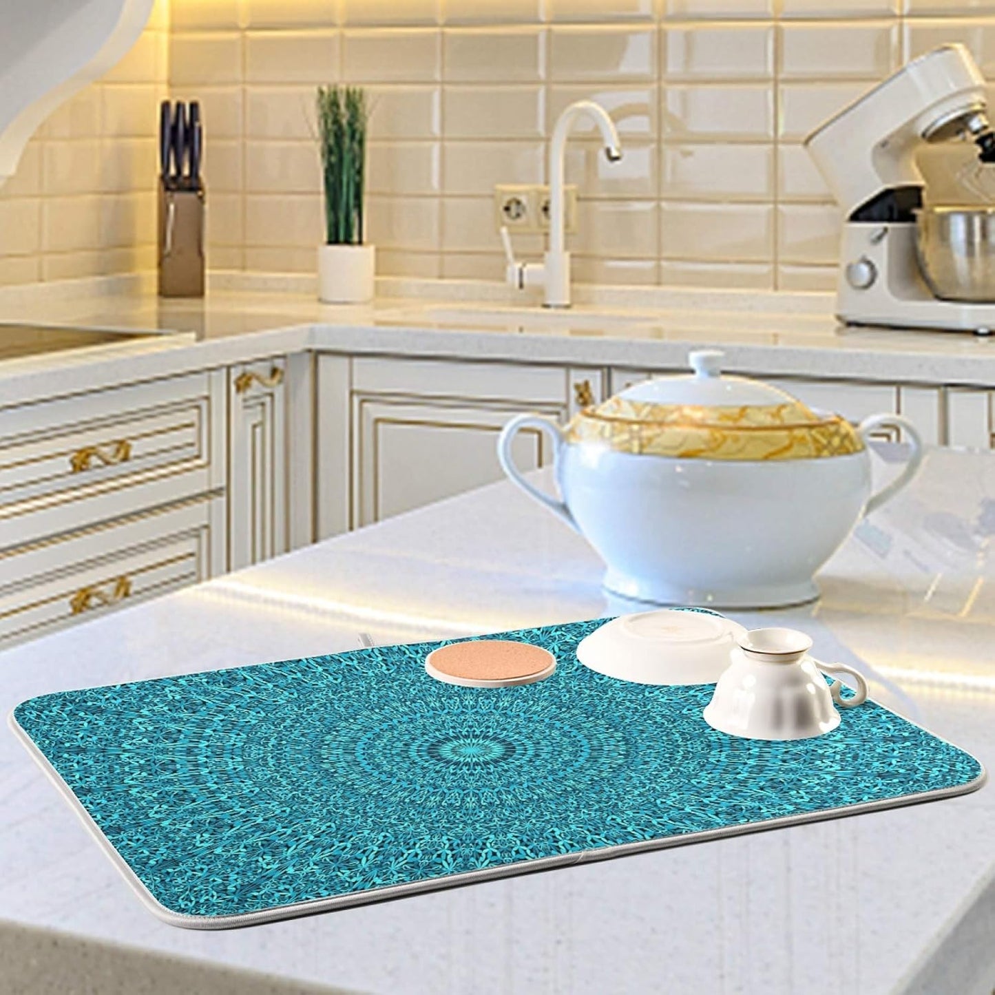 Super Absorbent Dish Drying Mat Microfiber Fast-Drying Dish Mat 16" x 18" Kitchen Dish Drying Pad Mandala Turquoise Teal Blue Green