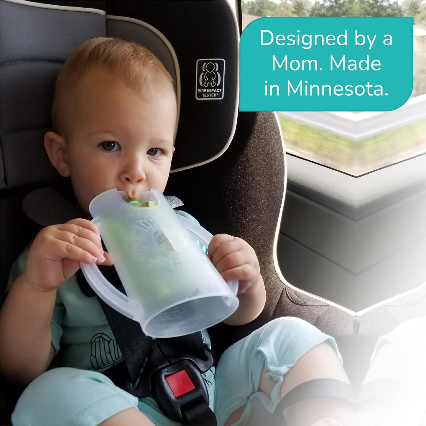 2-in-1 Baby Food Pouch & Juice Box Holder (2-pack) - No-Squeeze, Food-Safe Container with easy-grab Handles & Lid Fits GoGo, Capri Sun, Juice, Yogurt, & More