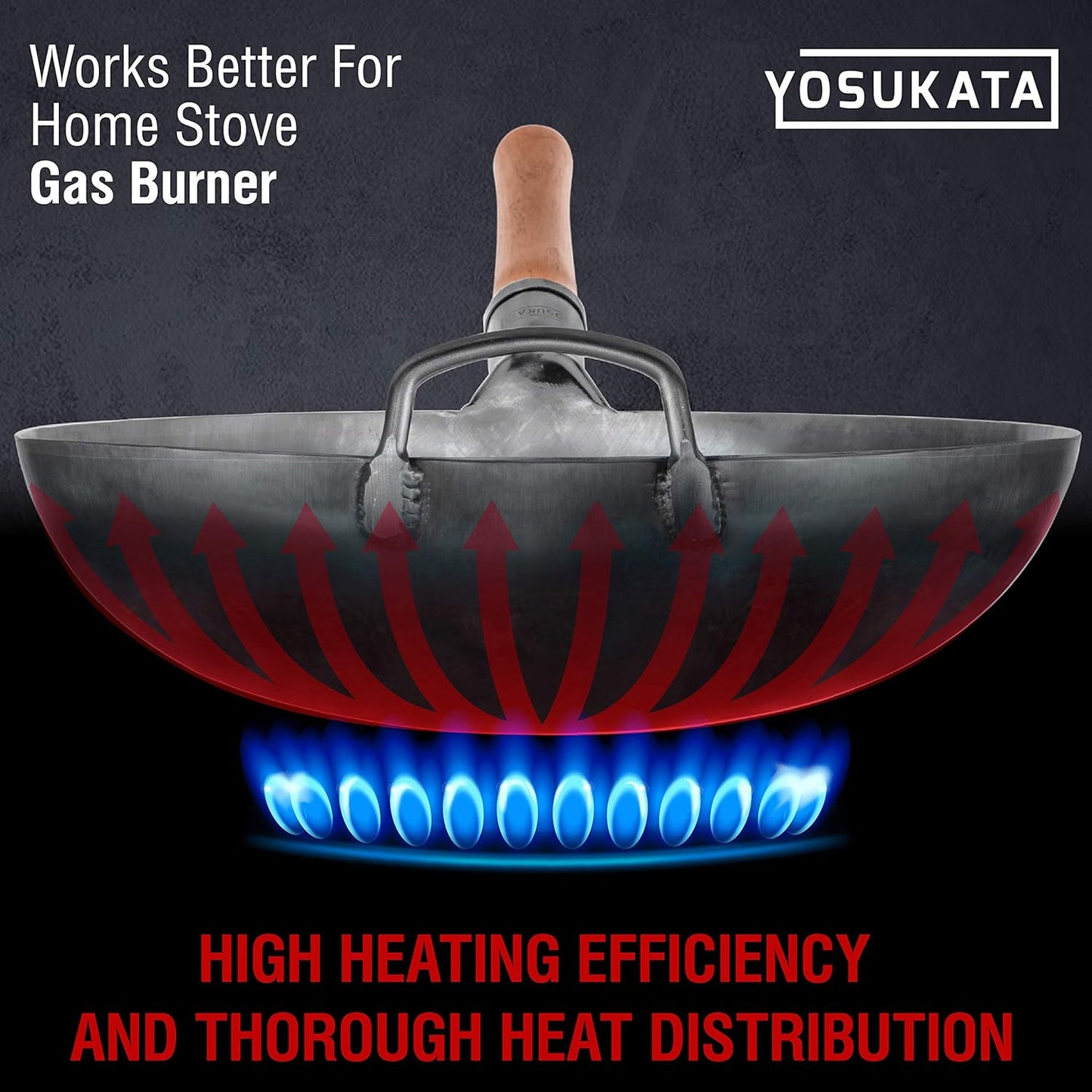 YOSUKATA 14” Round Bottom Carbon Steel Woks and Stir Fry Pans – Unseasoned Pow Wok for Stir Fry, BBQ, Grill & Camping – Hand-Hammered Traditional Japanese and Chinese Pan – Gas Stove, Open Fire Only