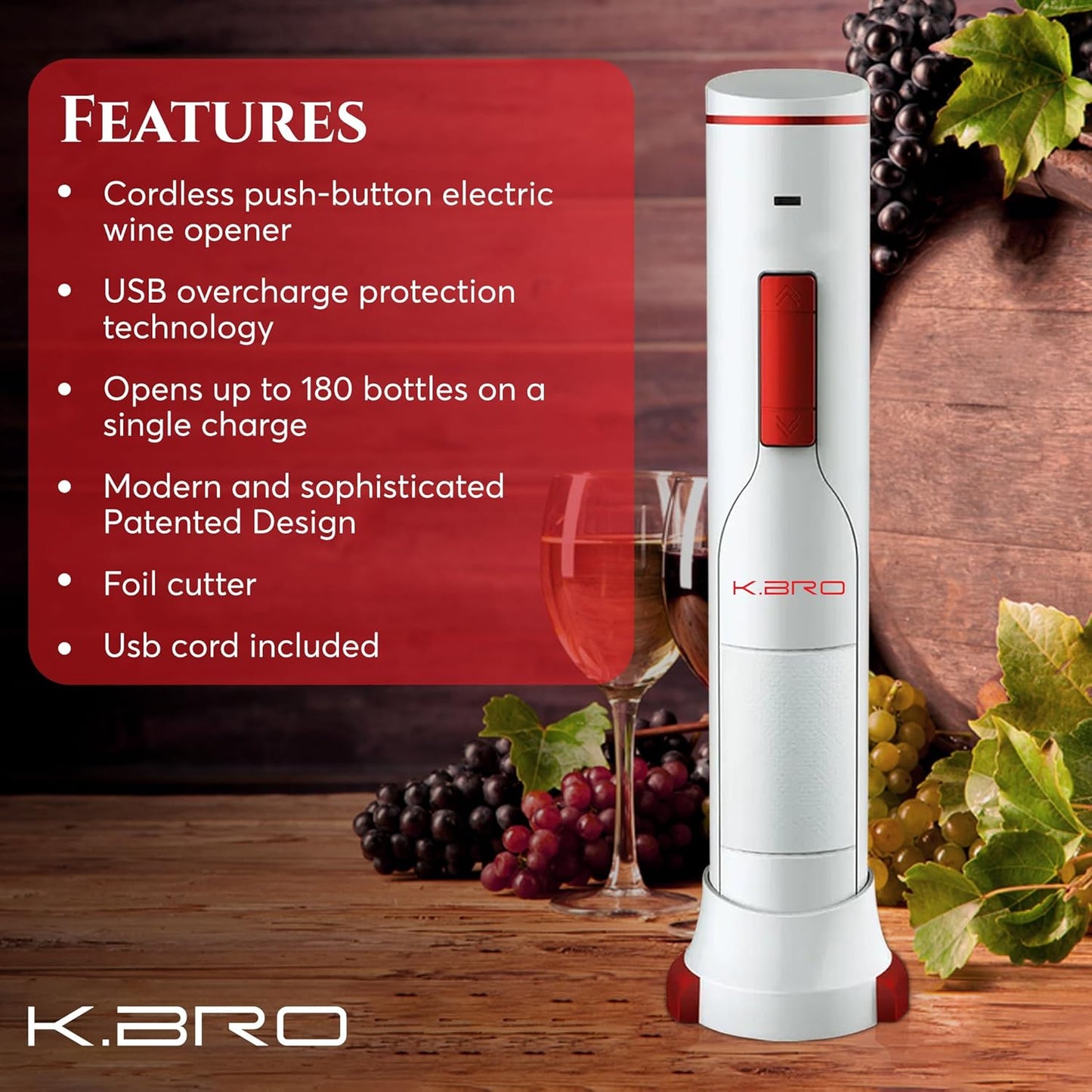 Rechargeable Electric Wine Opener | Electric Corkscrew Wine Bottle Opener With Foil Cutter | Gift for Wine Lovers (white)
