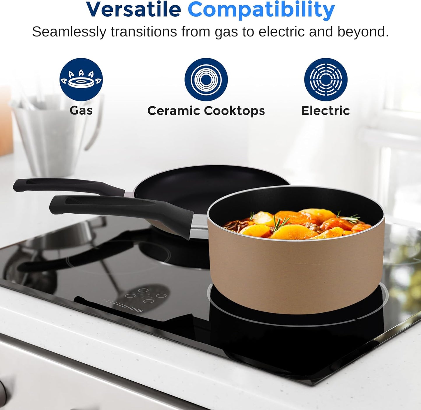 11-Piece Nonstick Kitchen Cookware Set - PTFE/PFOA/PFOS Free Heat Resistant Lacquer Kitchen Ware Pots Pan Set w/Bakelite Handles, Saucepan, Frying Pans, See-through Lid - SereneLife SLCW11GLD (Gold)