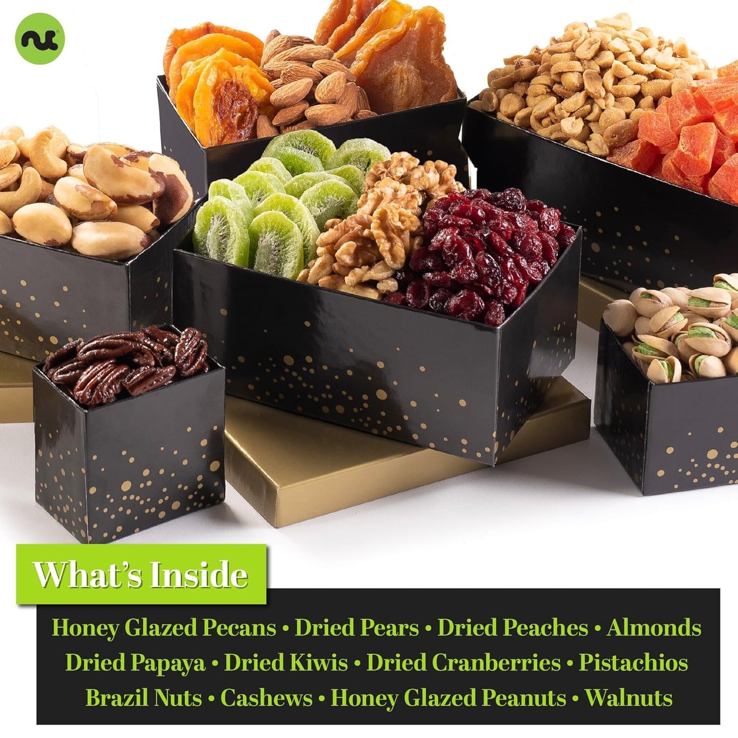 NUT CRAVINGS Gourmet Collection - Congratulations, Nuts & Dried Fruits Tower Gift Basket, with Congrats Ribbon + Greeting Card (12 Assortments) Food Arrangement, Healthy Snack, Food Assortments