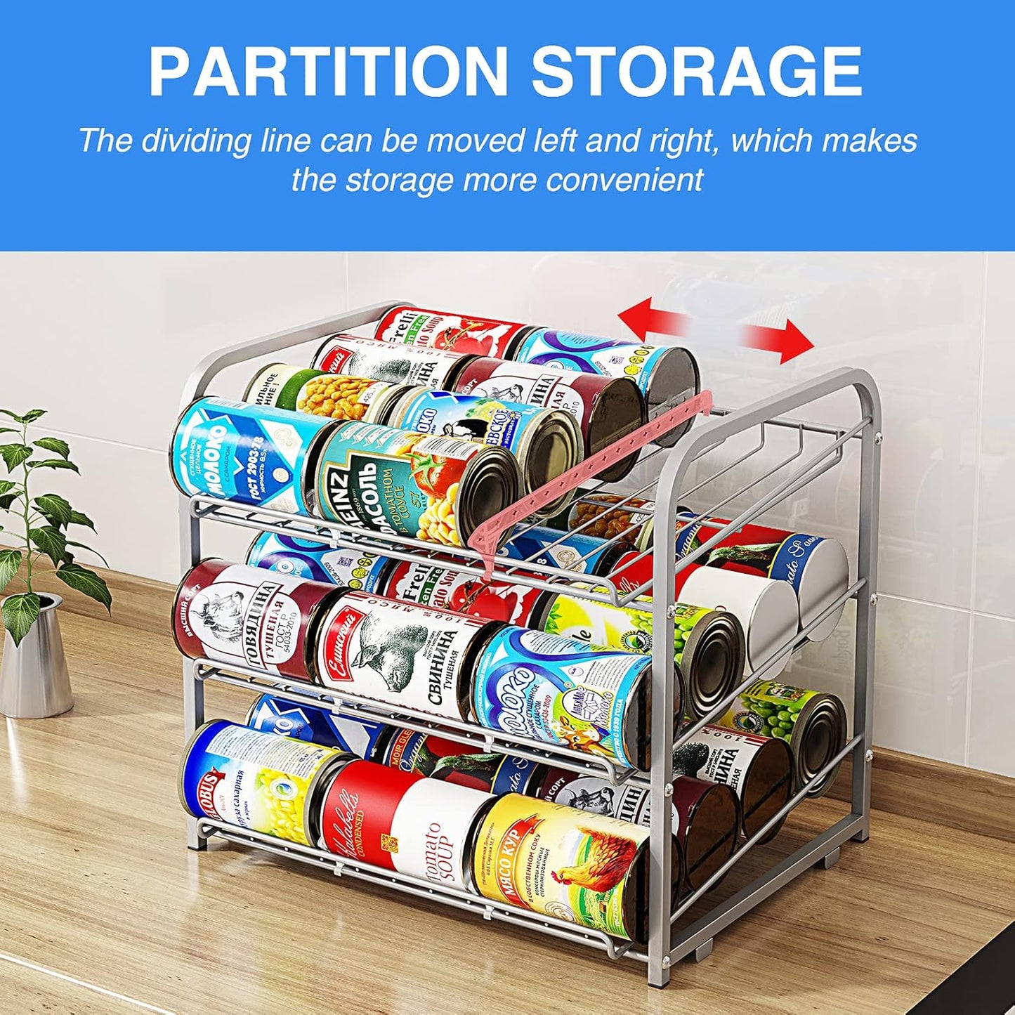 AIYAKA Can Rack Organizer, 3 Tier Stackable Can Storage Dispenser–12.2" D x 16.6" W x 14.5" H,for Food Storage, Kitchen Cabinets or Pantry, Storage for 36 Cans, Silver