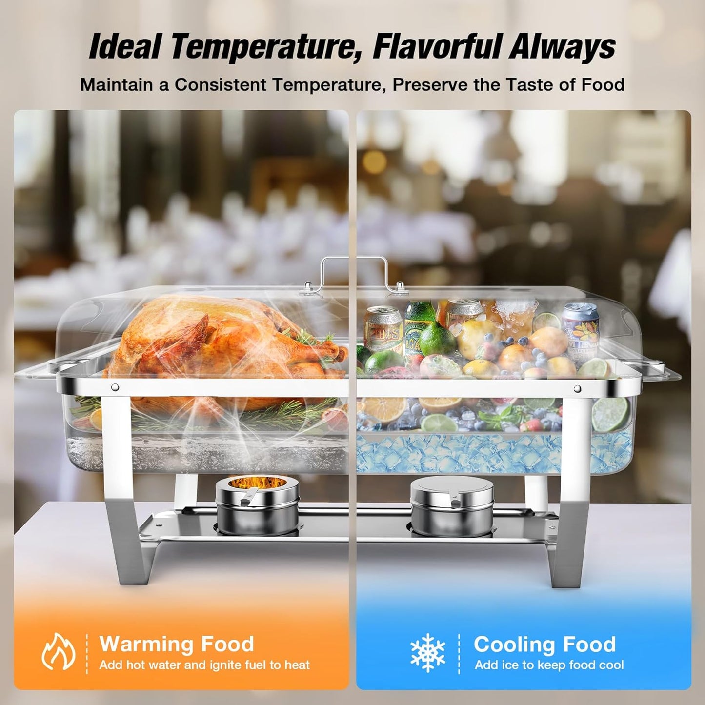 Chafing Dishes for Buffet (9QT, 4 Pack) - Easy Assembly, Food-Grade Stainless Steel Chafers for Catering w/Rolled Edge Design, Foldable Frame, for Party, Banquet (Full Size Food Pan)