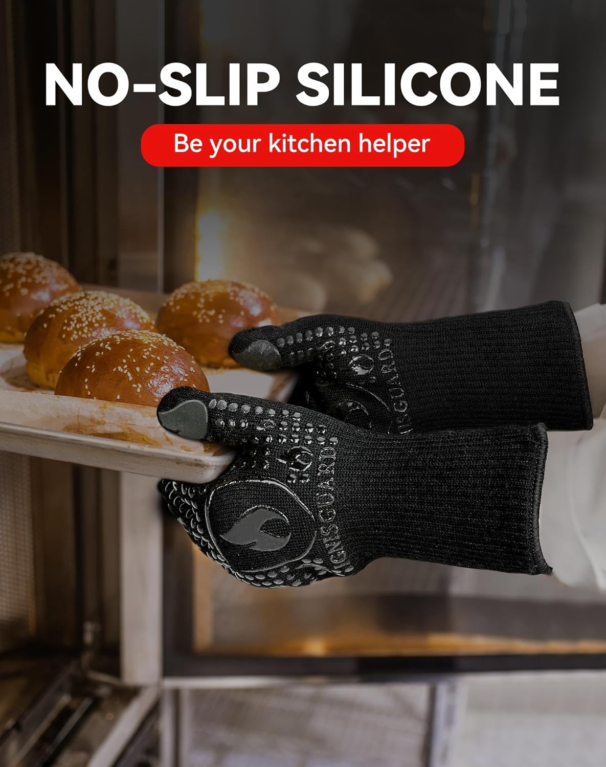 BBQ & Grill Gloves, Oven Gloves, 1472°F Silicone Oven Mitts Heat Resistant Grilling Gloves Fireproof Non-Slip for Barbecue Cooking Baking Smoking, 1-Pair Black(L)