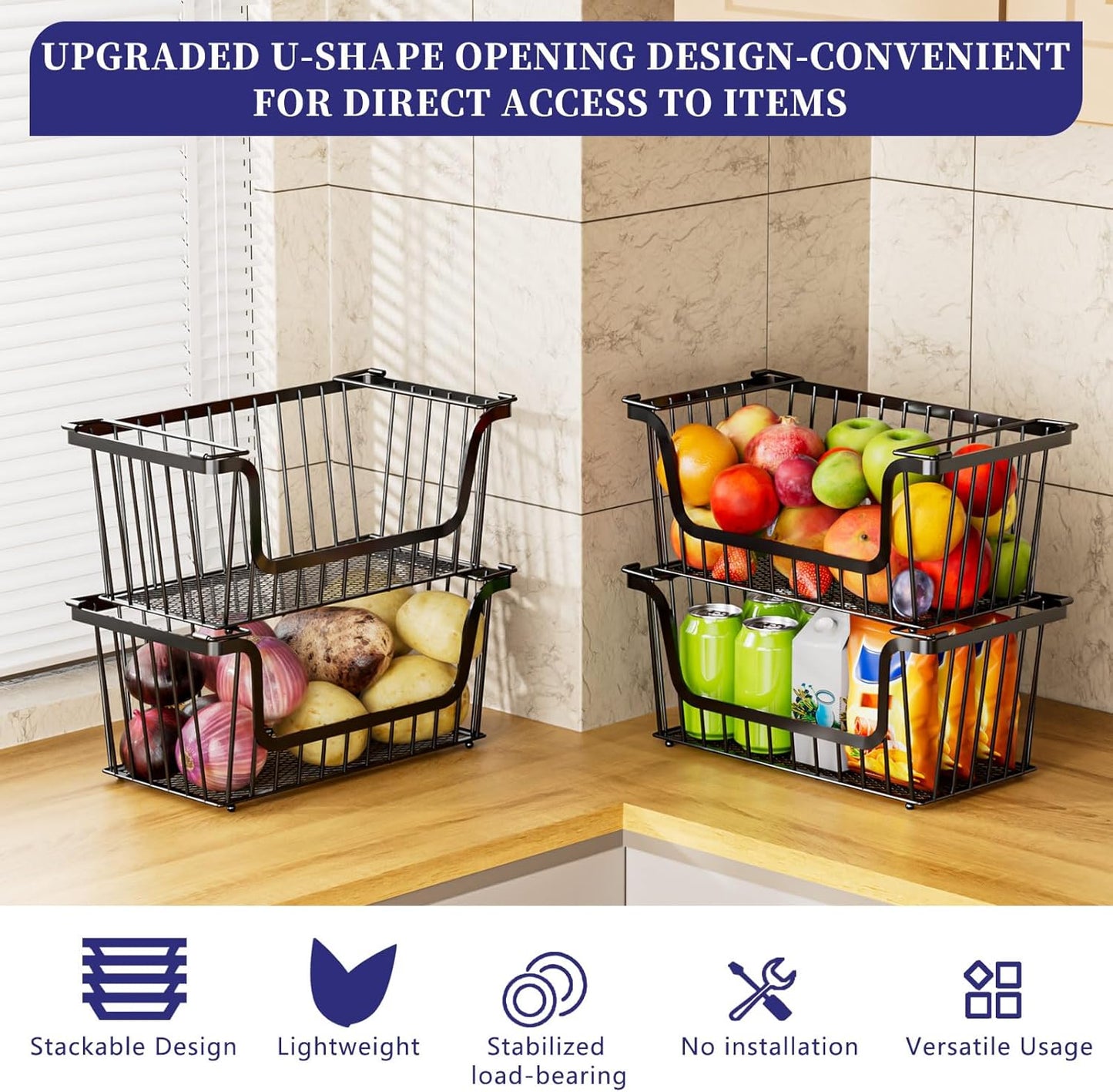 Enhanced Leak-Proof Bottom Stackable Wire Baskets, 5 Pack Pantry Organizers and Storage, pantry storage,Shelf Baskets, Fruit Basket, Potato and Onion Storage Bins,(Black)