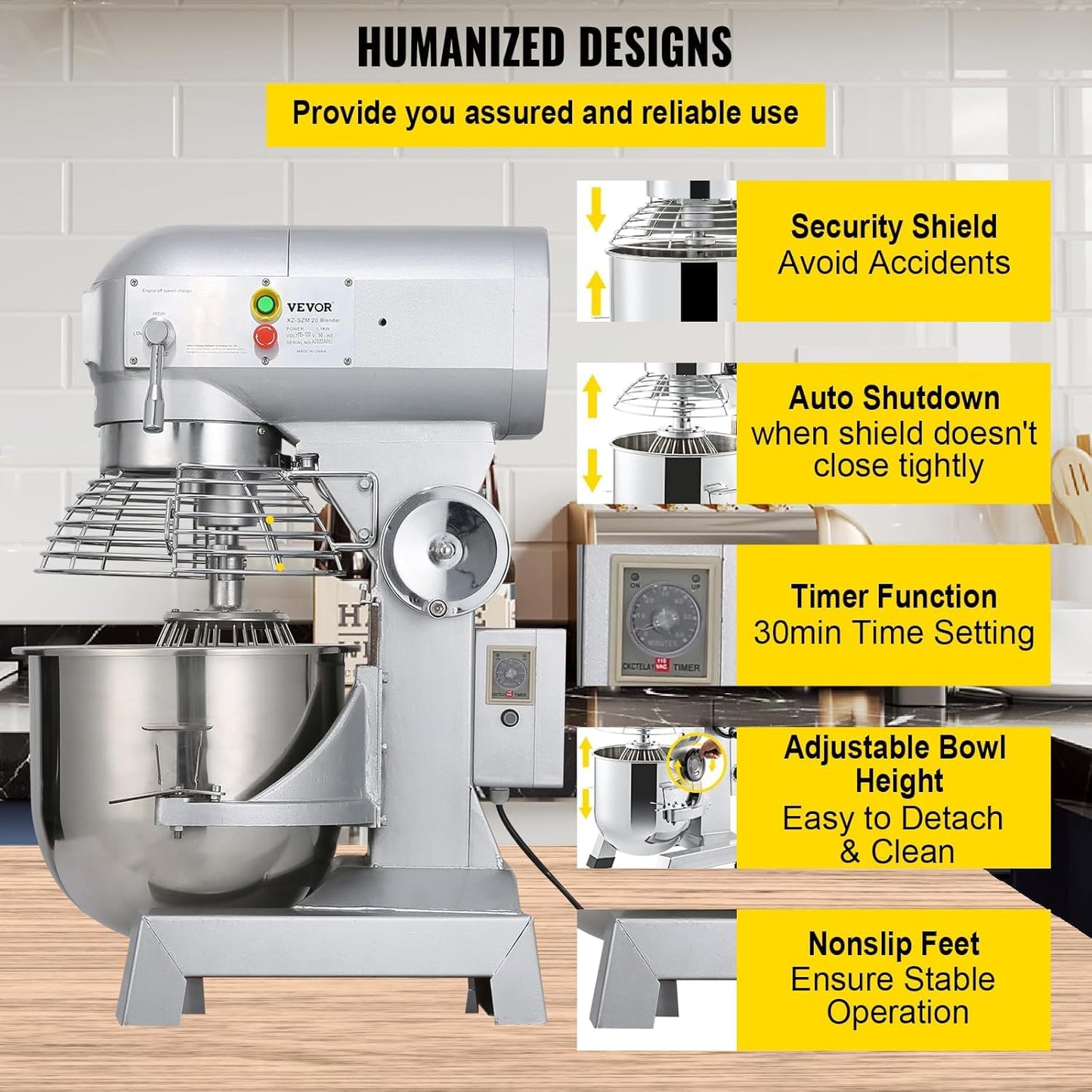 Happybuy 10Qt Commercial Food Mixer with Timing Function, Commercial Mixer 500W Stainless Steel Bowl Heavy Duty Electric Food Mixer Commercial with 3 Speeds Adjustable, Perfect for Bakery Pizzeria