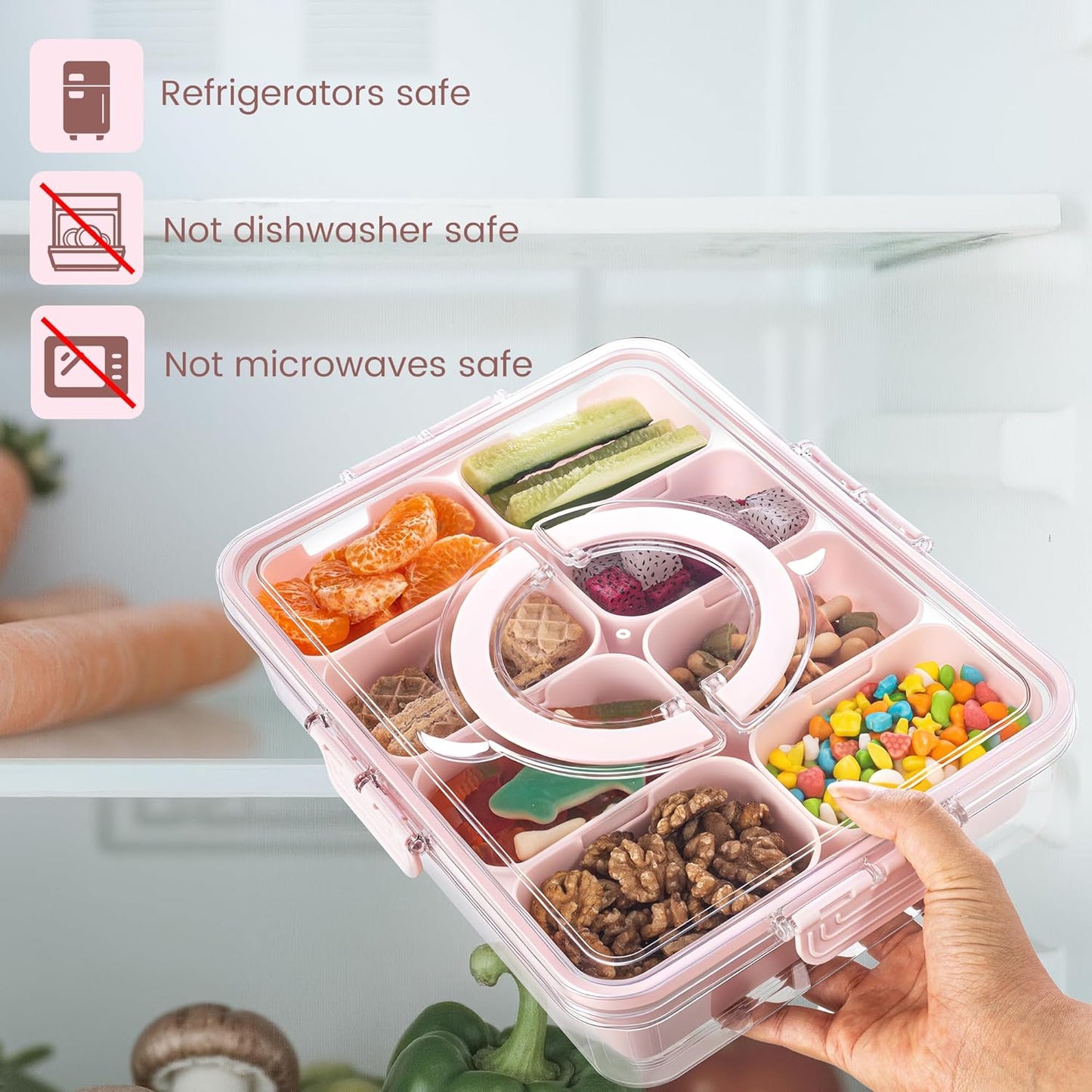 Divided Serving Tray with Lid and Handle - Snackle Box Charcuterie Container for Portable Snack Platters Organizer for Candy, Fruits, Nuts, Snacks - Perfect for Party, Entertaining, Lake blue